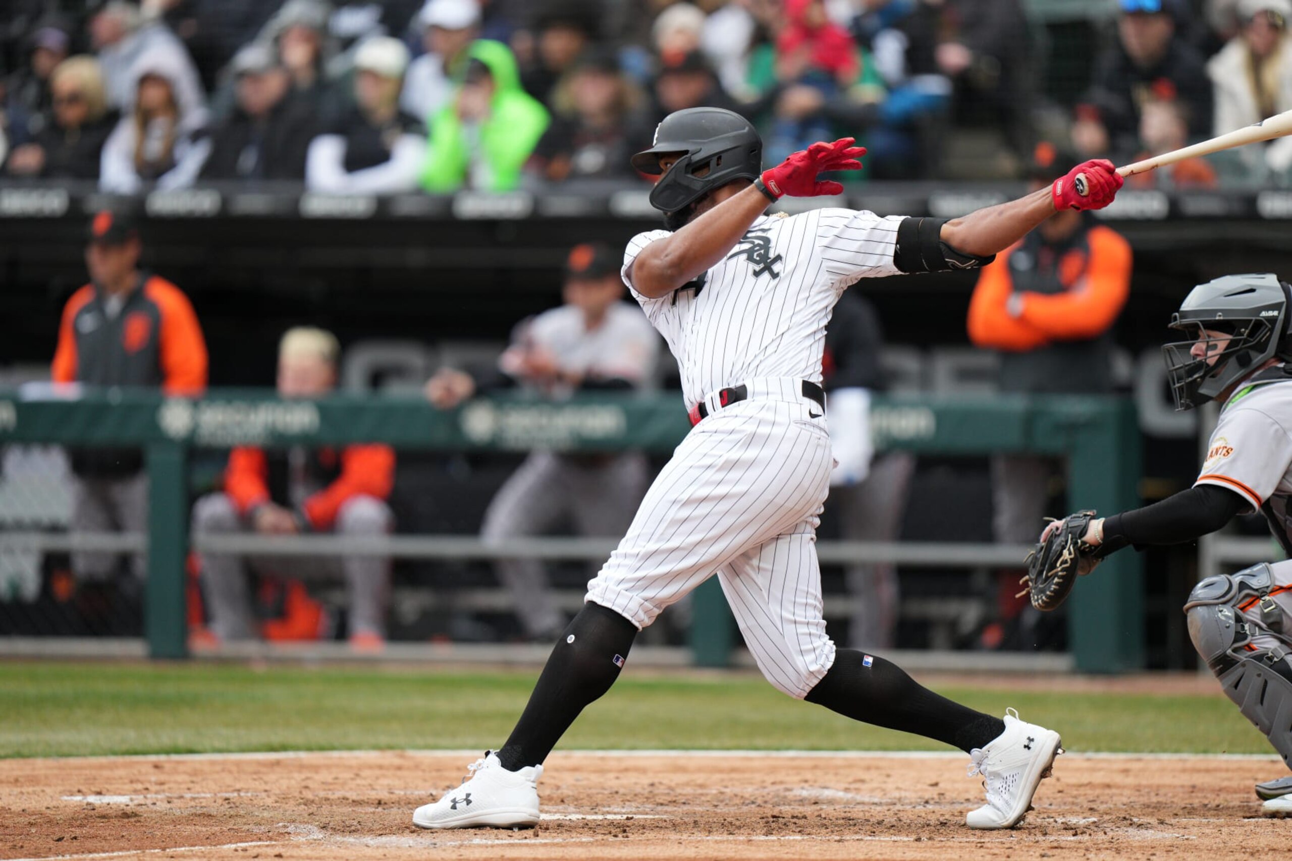 CHICAGO, IL - APRIL 03: Eloy Jimenez #74 of the Chicago White Sox hits a single in the fourth inning during the game between the San Francisco Giants and the Chicago White Sox at Guaranteed Rate Field on Monday, April 3, 2023 in Chicago, Illinois. (Photo by Matt Dirksen/MLB Photos via Getty Images)