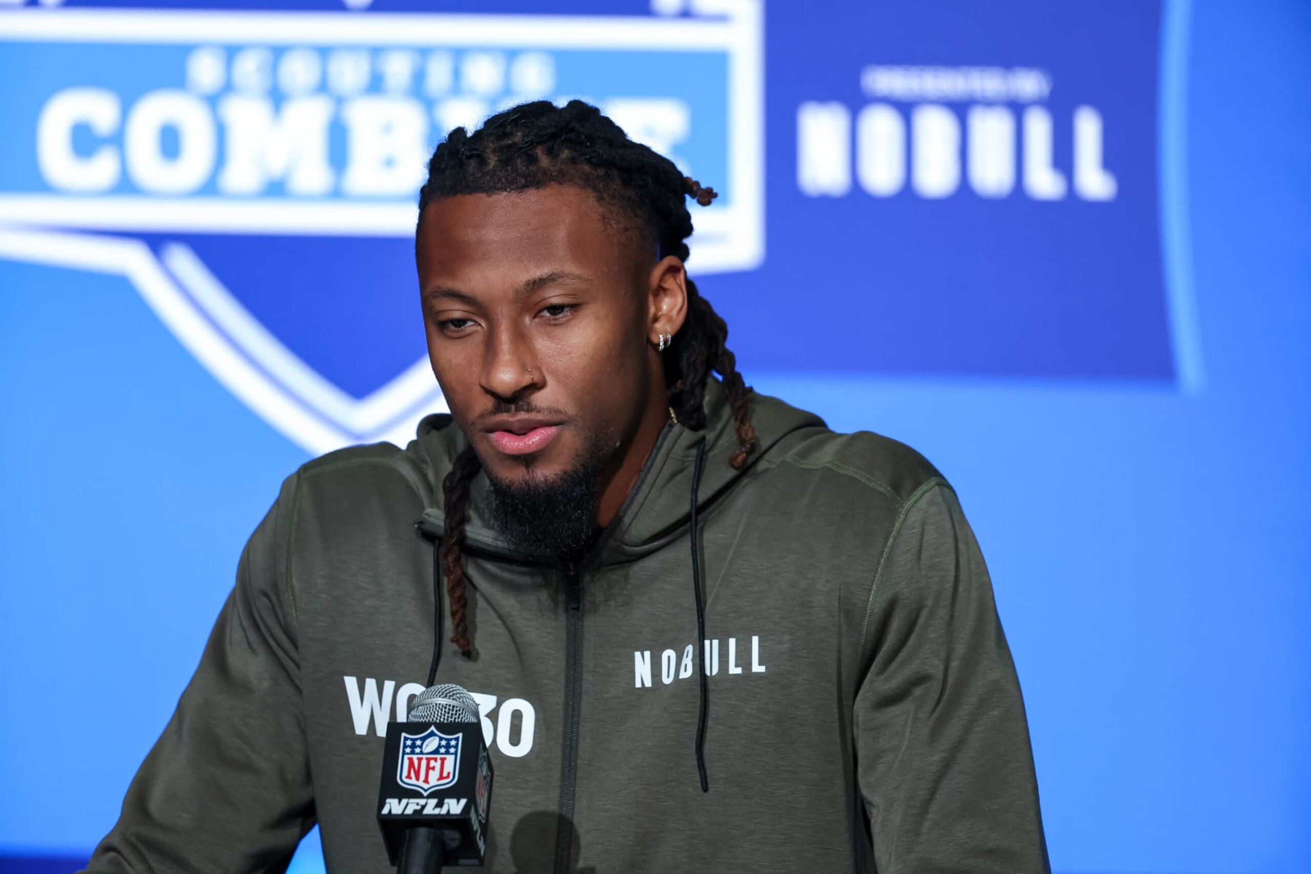 INDIANAPOLIS, IN - MARCH 03: Wide out Quentin Johnston of Texas Christian speaks to the media during the NFL Combine at Lucas Oil Stadium on March 3, 2023 in Indianapolis, Indiana. (Photo by Michael Hickey/Getty Images)