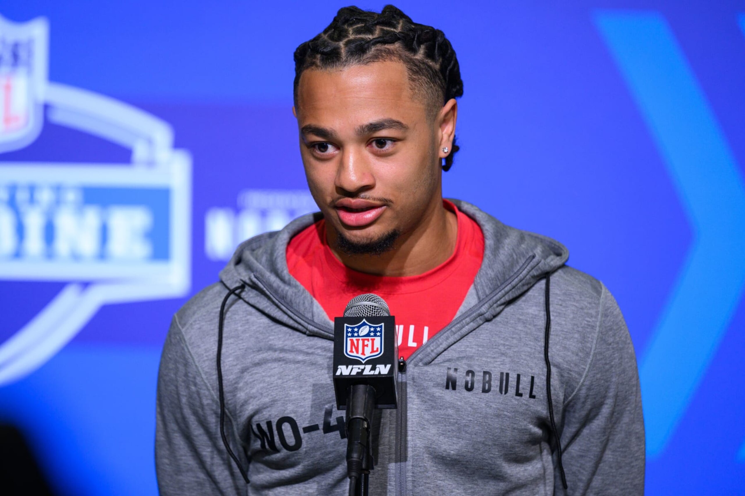 INDIANAPOLIS, IN - MARCH 03: Ohio State wide receiver Jaxon Smith-Njigba answers questions from the media during the NFL Scouting Combine on March 3, 2023, at the Indiana Convention Center in Indianapolis, IN. (Photo by Zach Bolinger/Icon Sportswire via Getty Images)