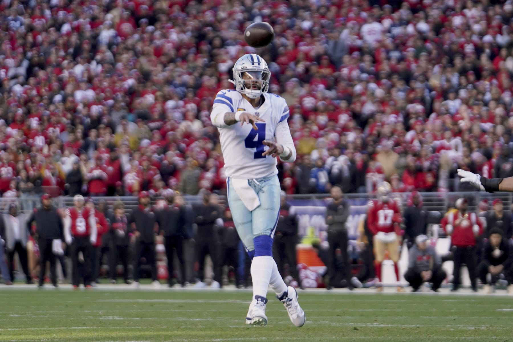 Dallas Cowboys quarterback Dak Prescott (4) throws during an NFL divisional round playoff football game against the San Francisco 49ers, Sunday, Jan. 22, 2023, in Santa Clara, Calif. (AP Photo/Scot Tucker)
