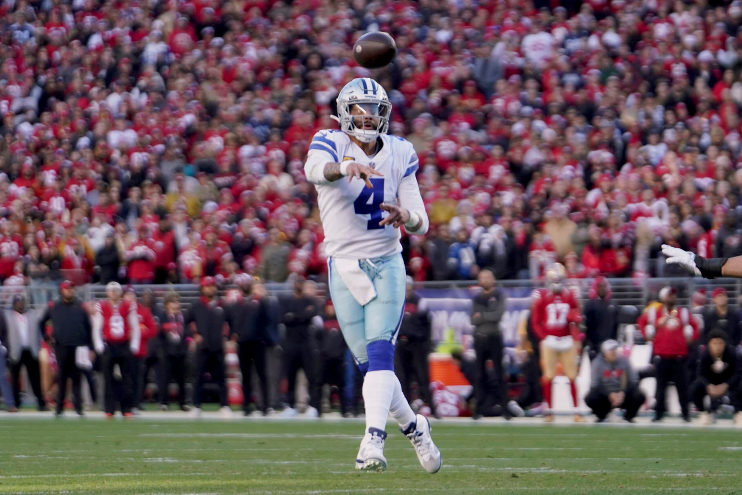 Dallas Cowboys quarterback Dak Prescott (4) throws during an NFL divisional round playoff football game against the San Francisco 49ers, Sunday, Jan. 22, 2023, in Santa Clara, Calif. (AP Photo/Scot Tucker)