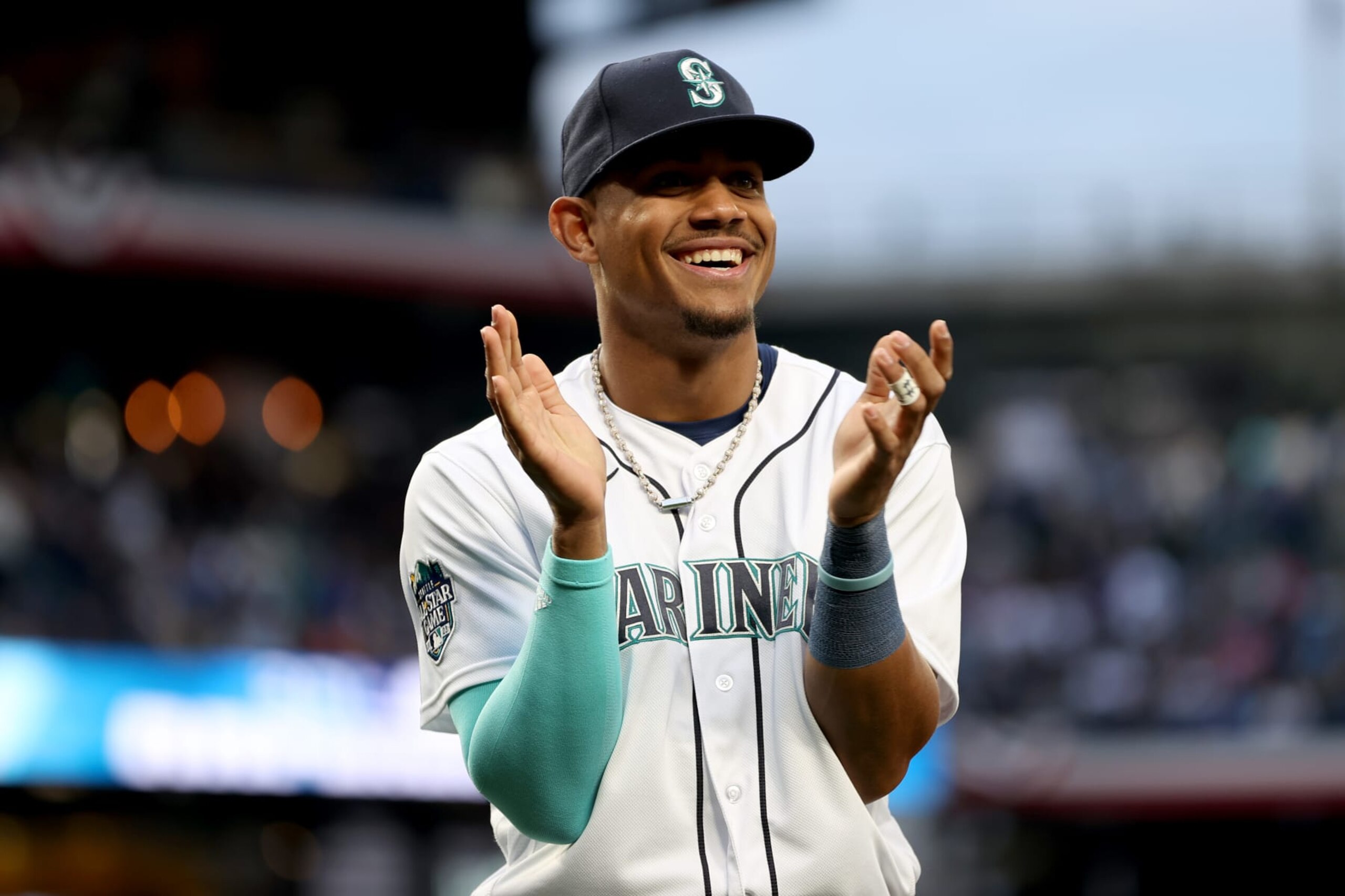 SEATTLE, WASHINGTON - MARCH 30: Julio Rodriguez #44 of the Seattle Mariners is acknowledged before the game against the Cleveland Guardians during Opening Day at T-Mobile Park on March 30, 2023 in Seattle, Washington. (Photo by Steph Chambers/Getty Images)