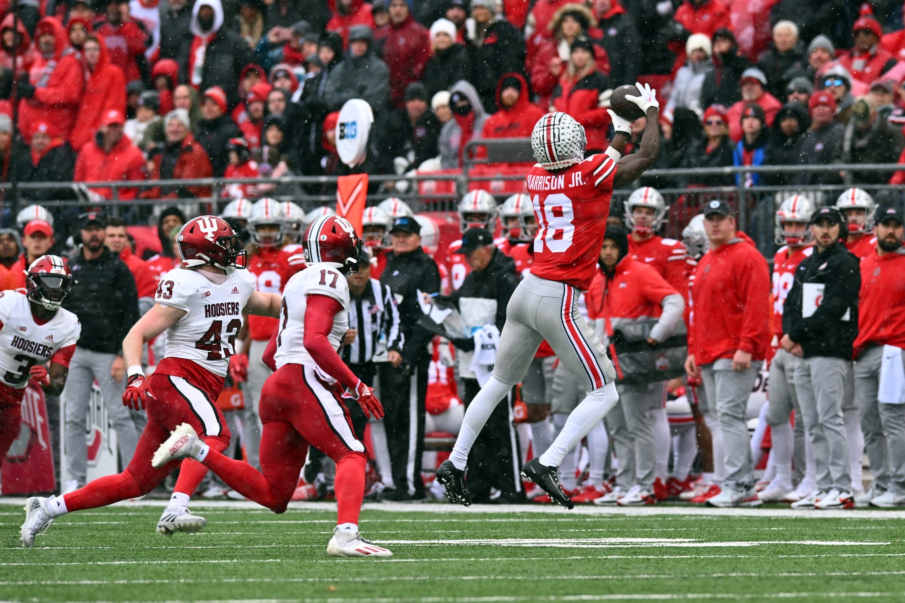 COLUMBUS, OHIO - NOVEMBER 12: Marvin Harrison Jr. #18 of the Ohio State Buckeyes makes a catch during the second quarter of a game against the Indiana Hoosiers at Ohio Stadium on November 12, 2022 in Columbus, Ohio. (Photo by Ben Jackson/Getty Images)