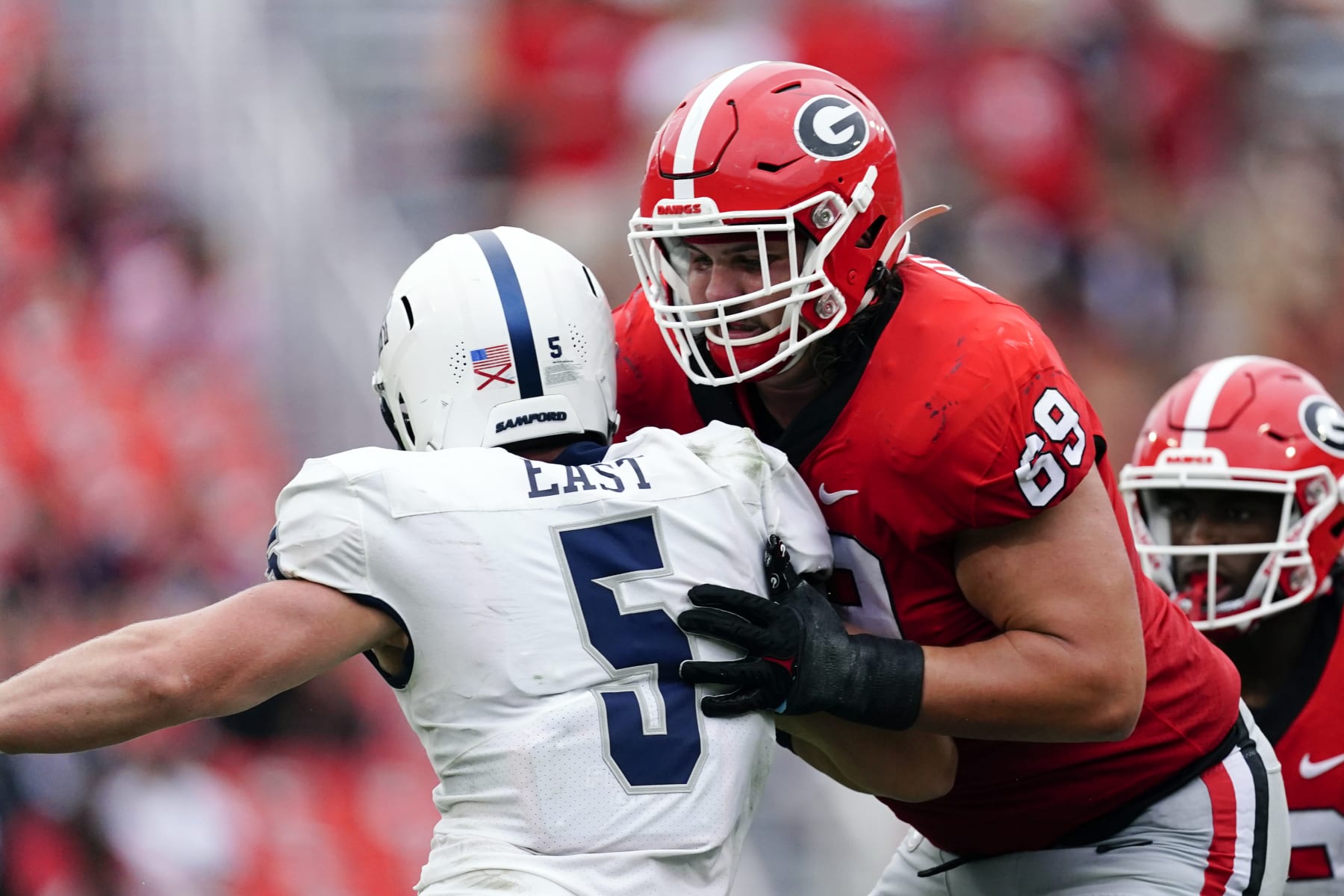 Georgia offensive lineman Tate Ratledge (69) is shown during an NCAA college football game against Samford Saturday, Sept. 10, 2022 in Athens, Ga. (AP Photo/John Bazemore)