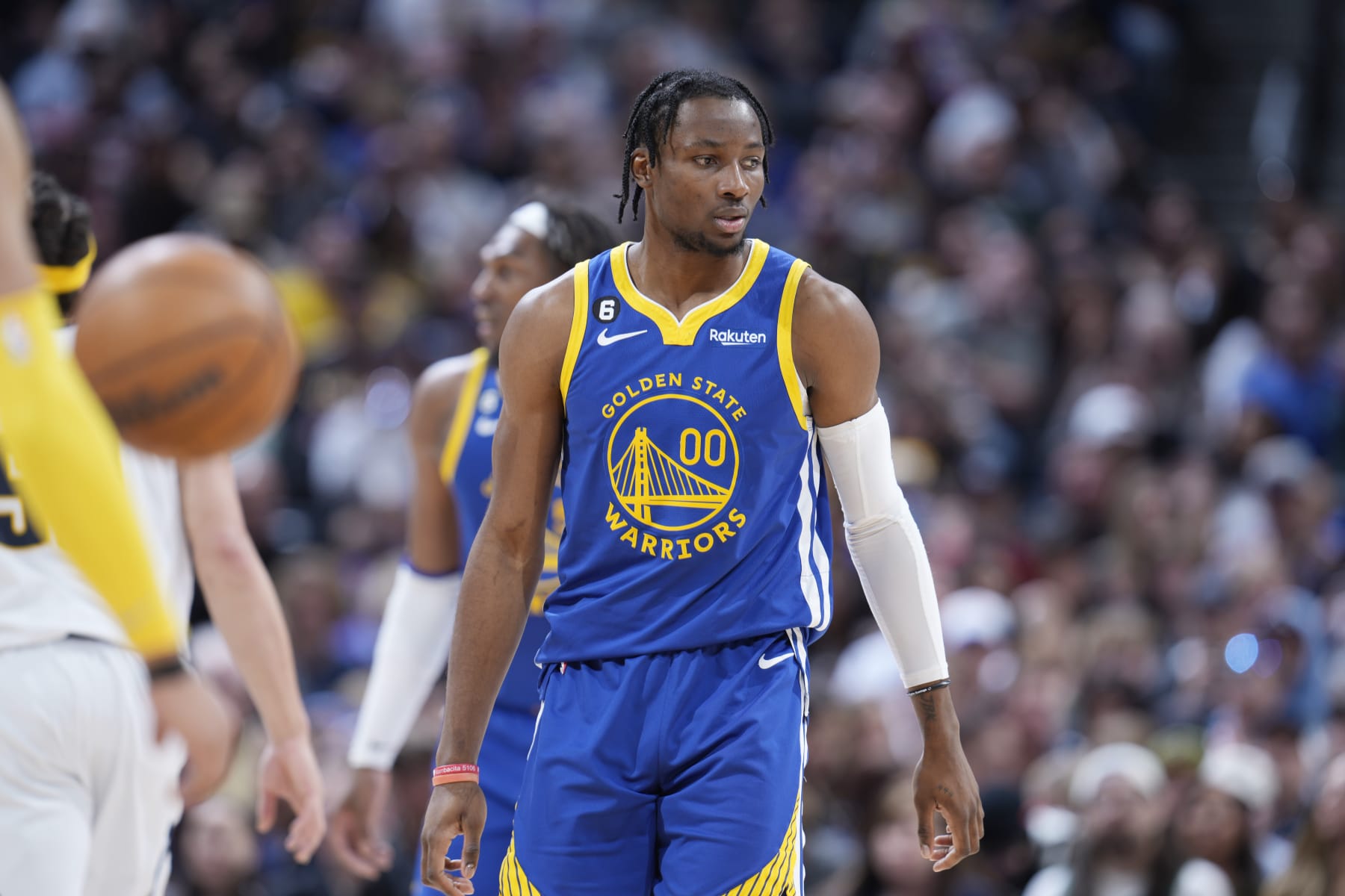 Golden State Warriors forward Jonathan Kuminga (00) in the second half of an NBA basketball game Sunday, April 2, 2023, in Denver. (AP Photo/David Zalubowski)
