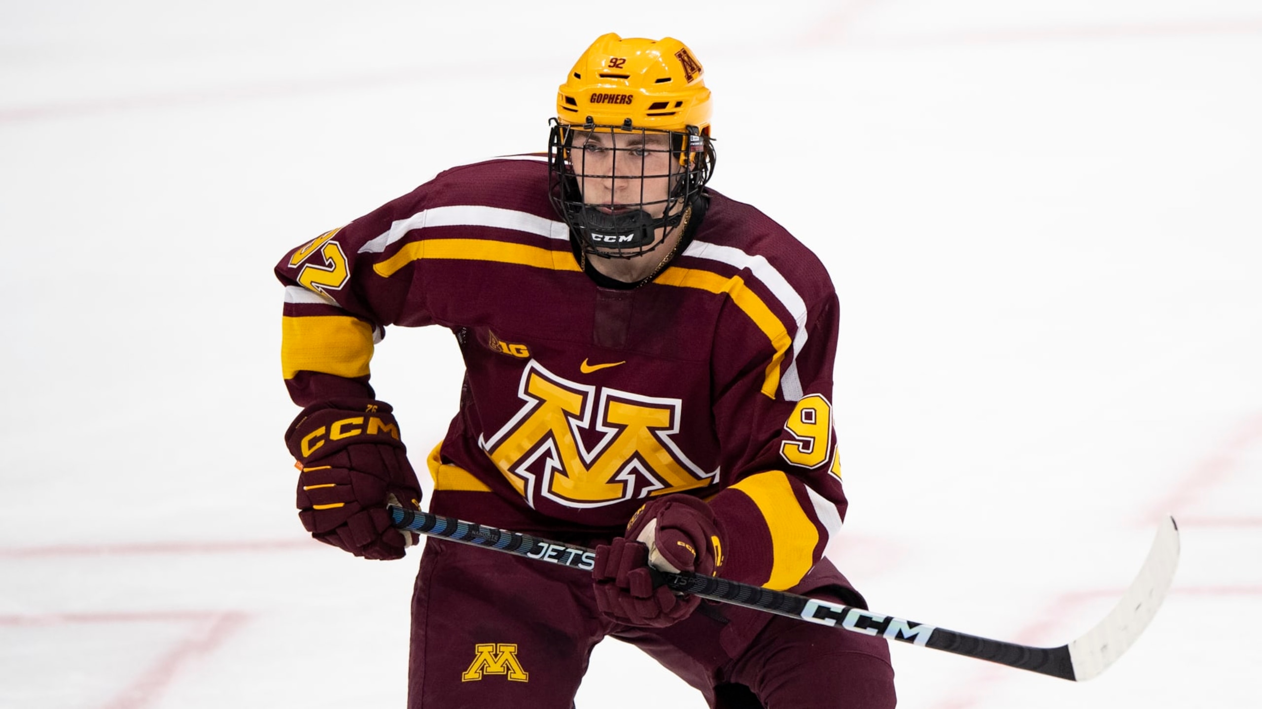Minnesota forward Logan Cooley (92) during an NCAA hockey game against Ohio State on Friday, Oct. 28, 2022 in Columbus, Ohio. (AP Photo/Emilee Chinn)