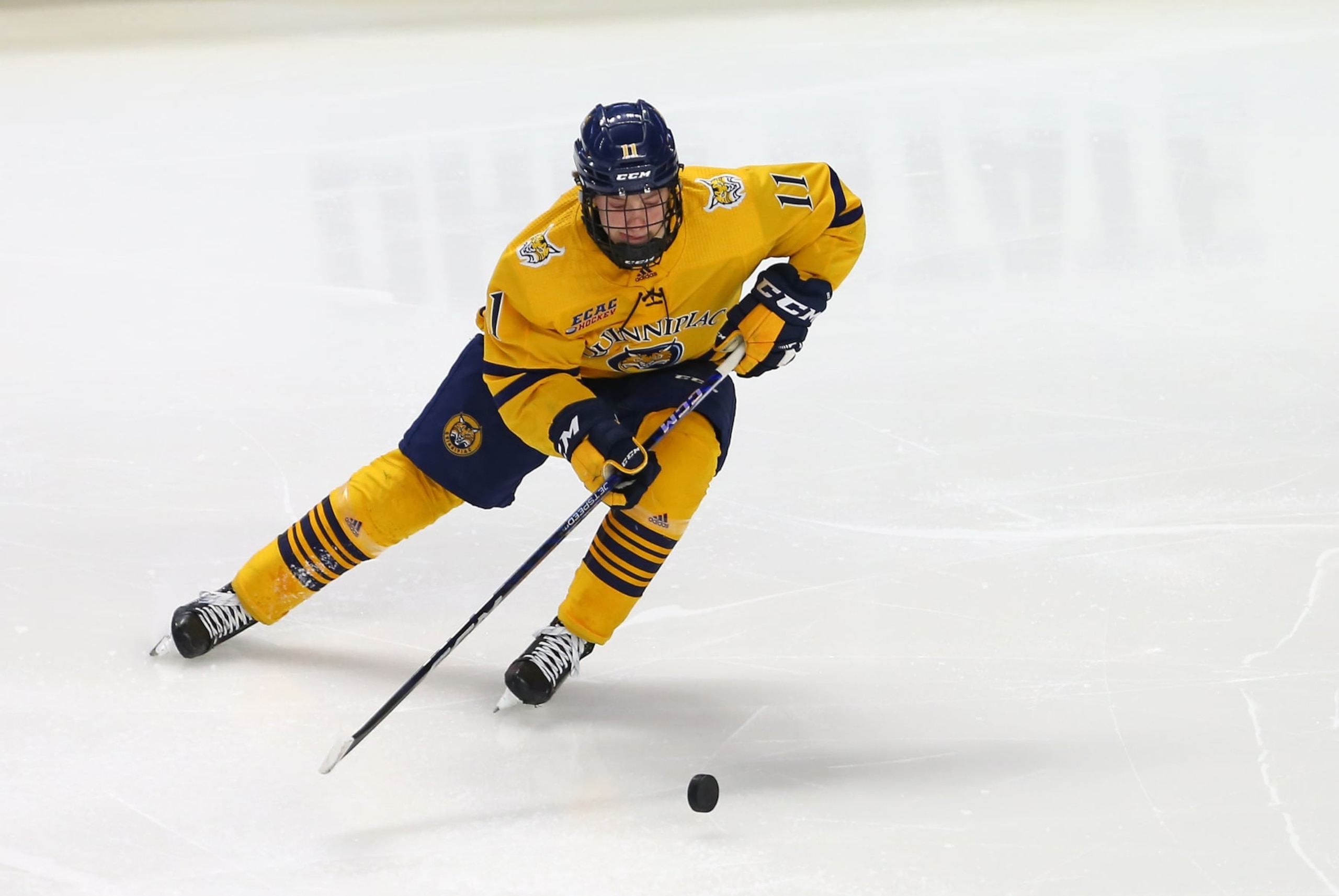 BRIDGEPORT, CT - MARCH 26: Quinnipiac Bobcats forward Collin Graf (11) skates with the puck during the NCAA Division 1 Men's Regional final Hockey Championship game between Ohio State Buckeyes and Quinnipiac Bobcats on March 26, 2023, at Total Mortgage Arena in Bridgeport, CT. (Photo by M. Anthony Nesmith/Icon Sportswire via Getty Images)