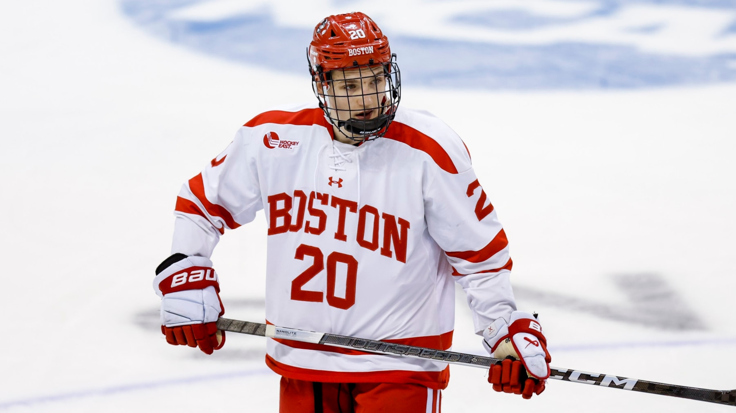 Boston University defenseman Lane Hutson (20) skates during the second period of an NCAA hockey game against Western Michigan University on Thursday, March 23, 2023, in Manchester, N.H. (AP Photo/Greg M. Cooper)