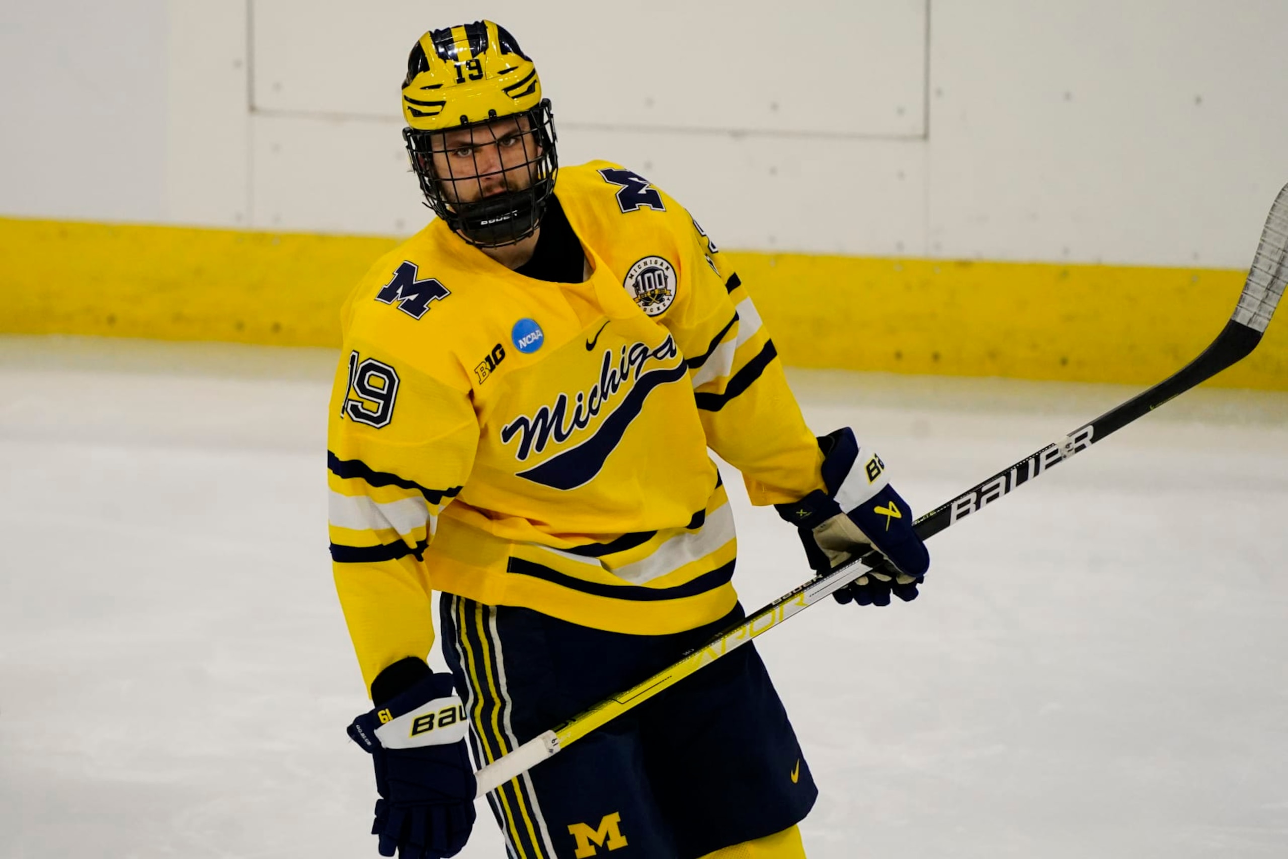 ALLENTOWN, PA - MARCH 26: Michigan Wolverines Forward Adam Fantilli (19) prior to the 2023 NCAA Division I Mens Ice Hockey Regional Final between the Penn State Nittany Lions and the Michigan Wolverines on March 26, 2023, at the PPL Center in Allentown, PA. (Photo by Gregory Fisher/Icon Sportswire via Getty Images)