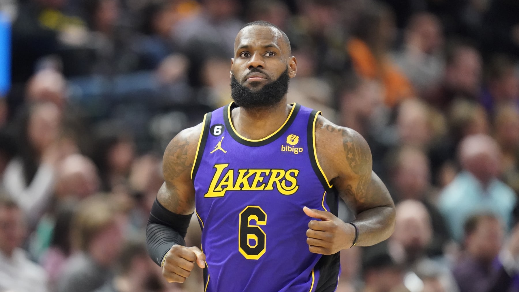Los Angeles Lakers forward LeBron James (6) runs up court during the second half of an NBA basketball game against the Utah Jazz Tuesday, April 4, 2023, in Salt Lake City. (AP Photo/Rick Bowmer)