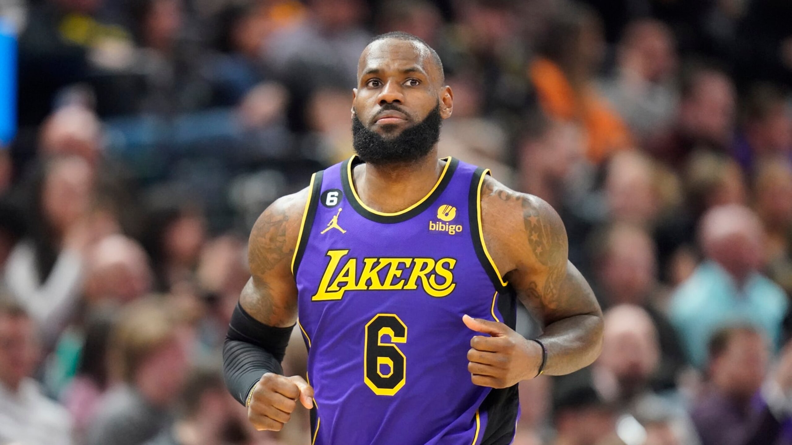 Los Angeles Lakers forward LeBron James (6) runs up court during the second half of an NBA basketball game against the Utah Jazz Tuesday, April 4, 2023, in Salt Lake City. (AP Photo/Rick Bowmer)