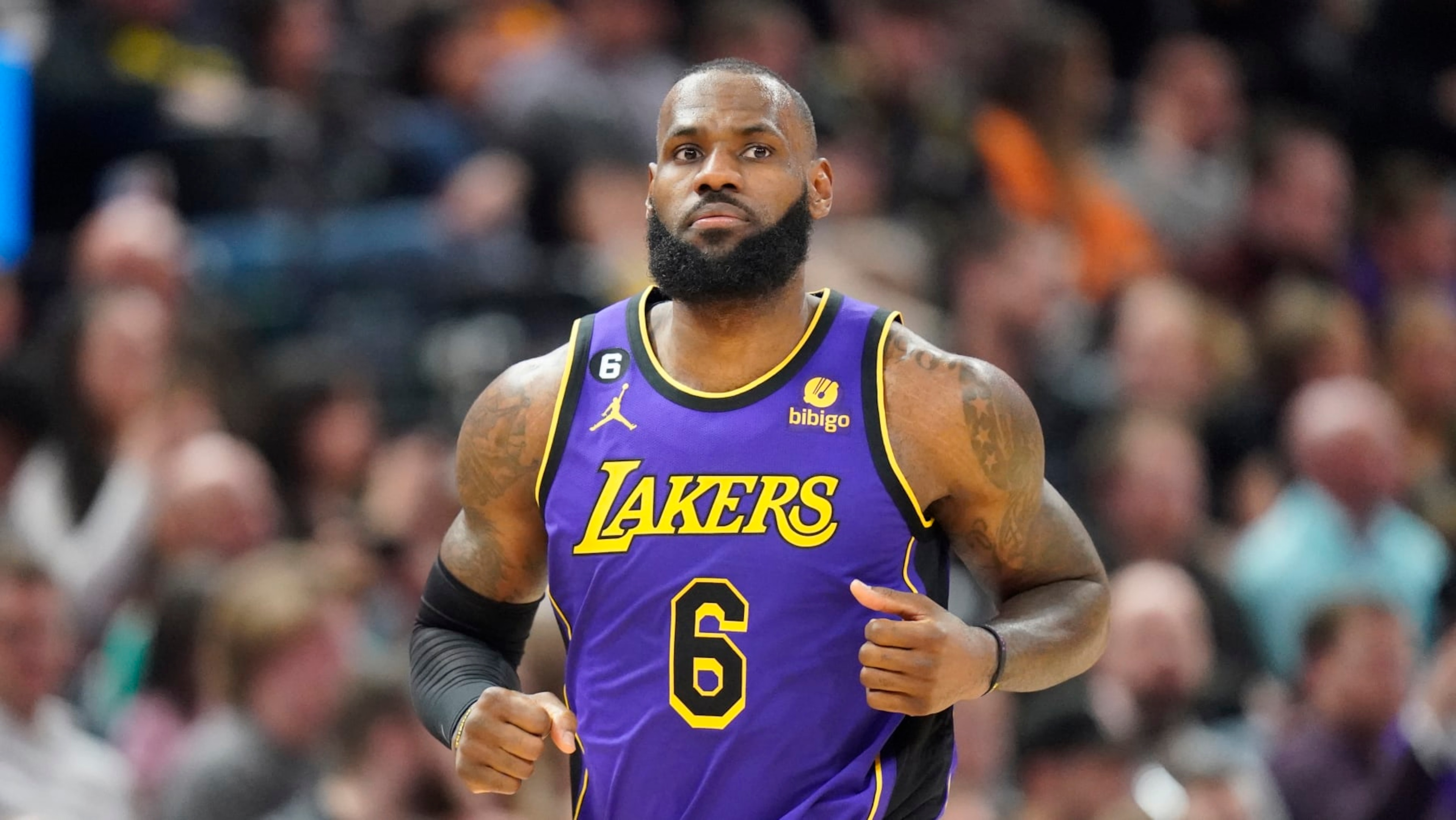 Los Angeles Lakers forward LeBron James (6) runs up court during the second half of an NBA basketball game against the Utah Jazz Tuesday, April 4, 2023, in Salt Lake City. (AP Photo/Rick Bowmer) Los Angeles Lakers forward LeBron James (6) runs up court during the second half of an NBA basketball game against the Utah Jazz Tuesday, April 4, 2023, in Salt Lake City. (AP Photo/Rick Bowmer)