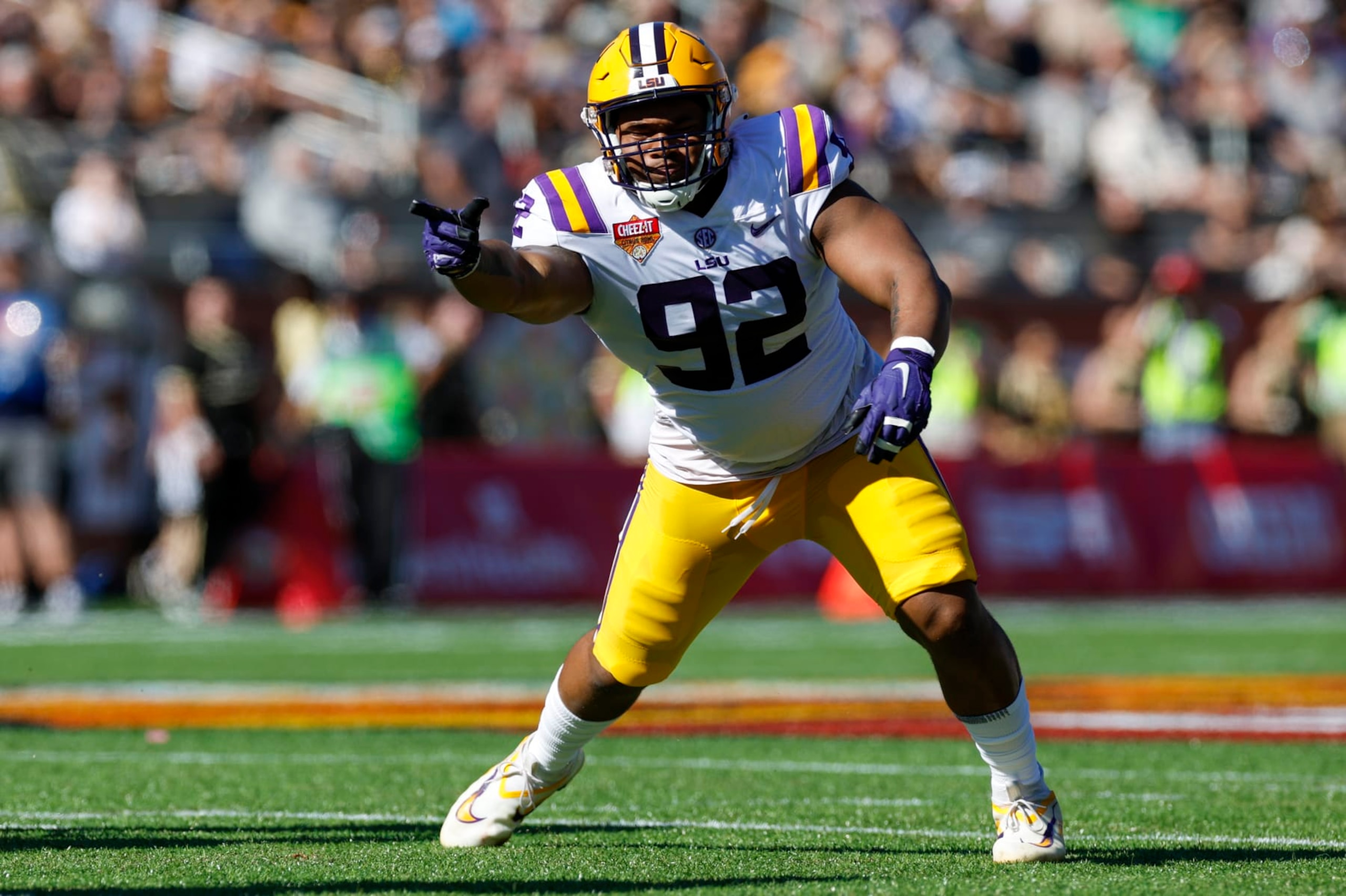 ORLANDO, FL - JANUARY 02: LSU Tigers defensive lineman Mekhi Wingo (92) lines up for a play during the Cheez-It Citrus Bowl between the LSU Tigers and the Purdue Boilermakers on January 2, 2023 at Camping World Stadium in Orlando, Fl.  (Photo by David Rosenblum/Icon Sportswire via Getty Images)