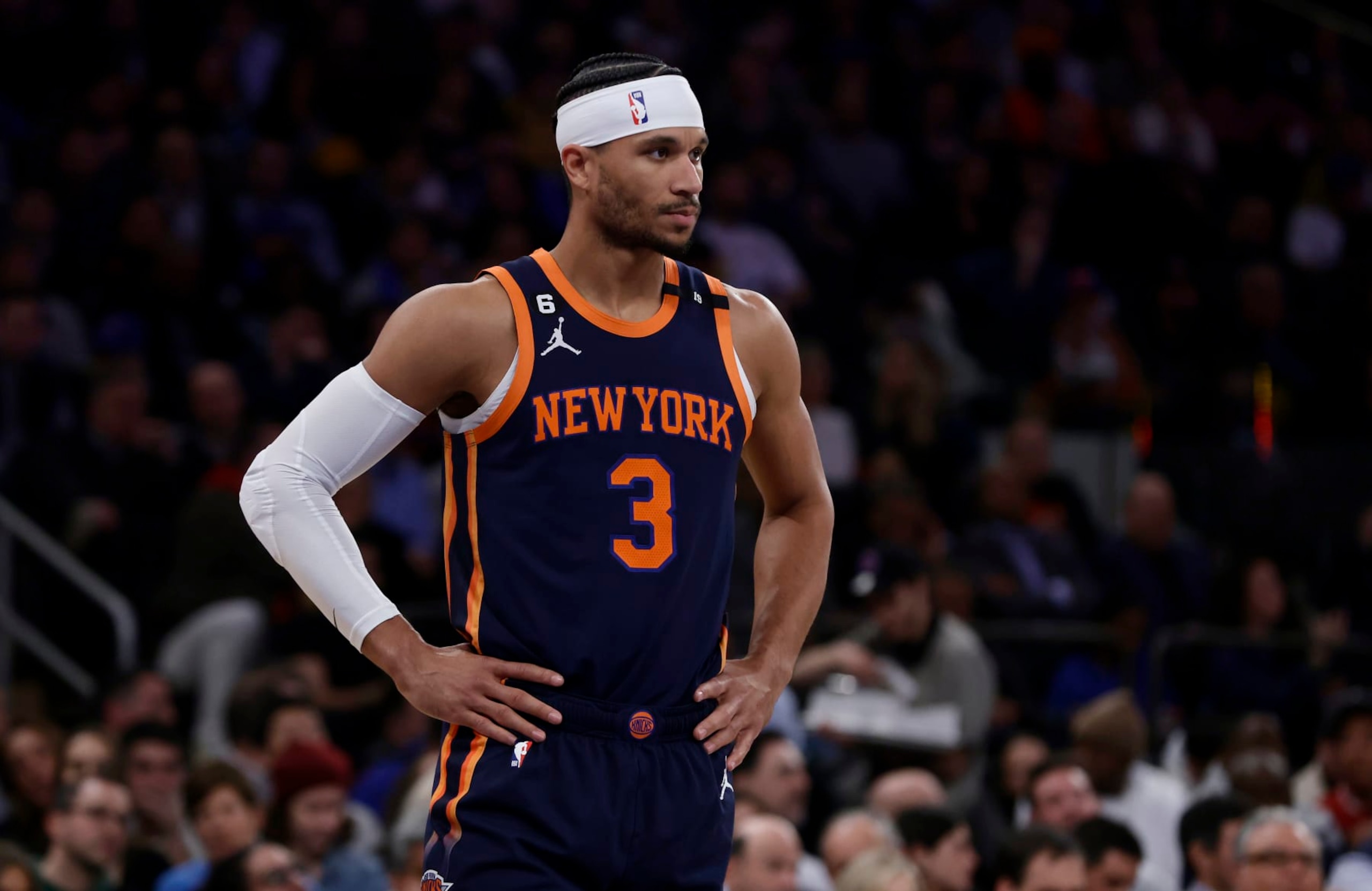 NEW YORK, NEW YORK - MARCH 29: (NEW YORK DAILIES OUT)  Josh Hart #3 of the New York Knicks in action against the Miami Heat at Madison Square Garden on March 29, 2023 in New York City.  The Knicks defeated the Heat 101-92. NOTE TO USER: User expressly acknowledges and agrees that, by downloading and or using this photograph, User is consenting to the terms and conditions of the Getty Images License Agreement. (Photo by Jim McIsaac/Getty Images)