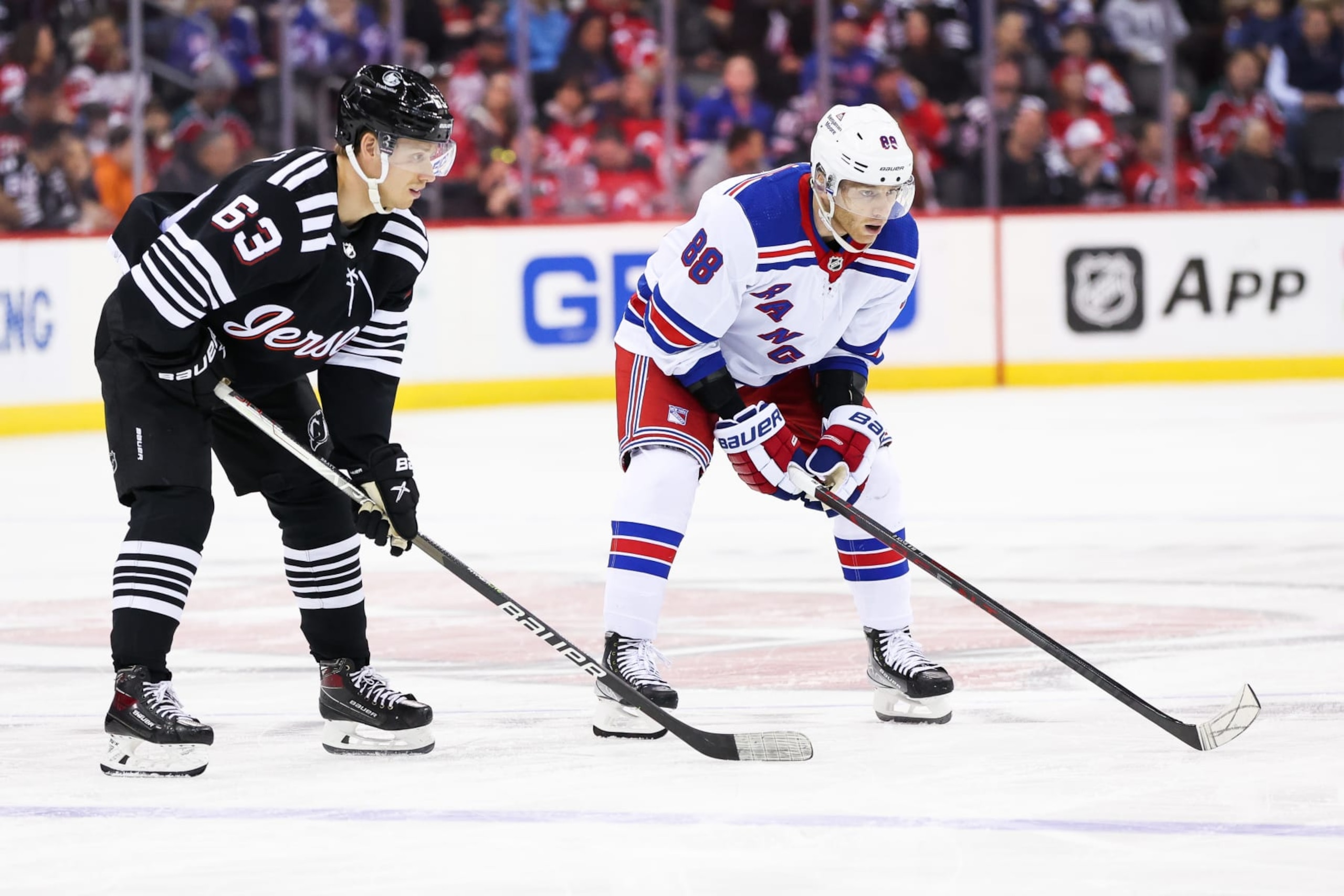 New Jersey's Jesper Bratt and New York's Patrick Kane