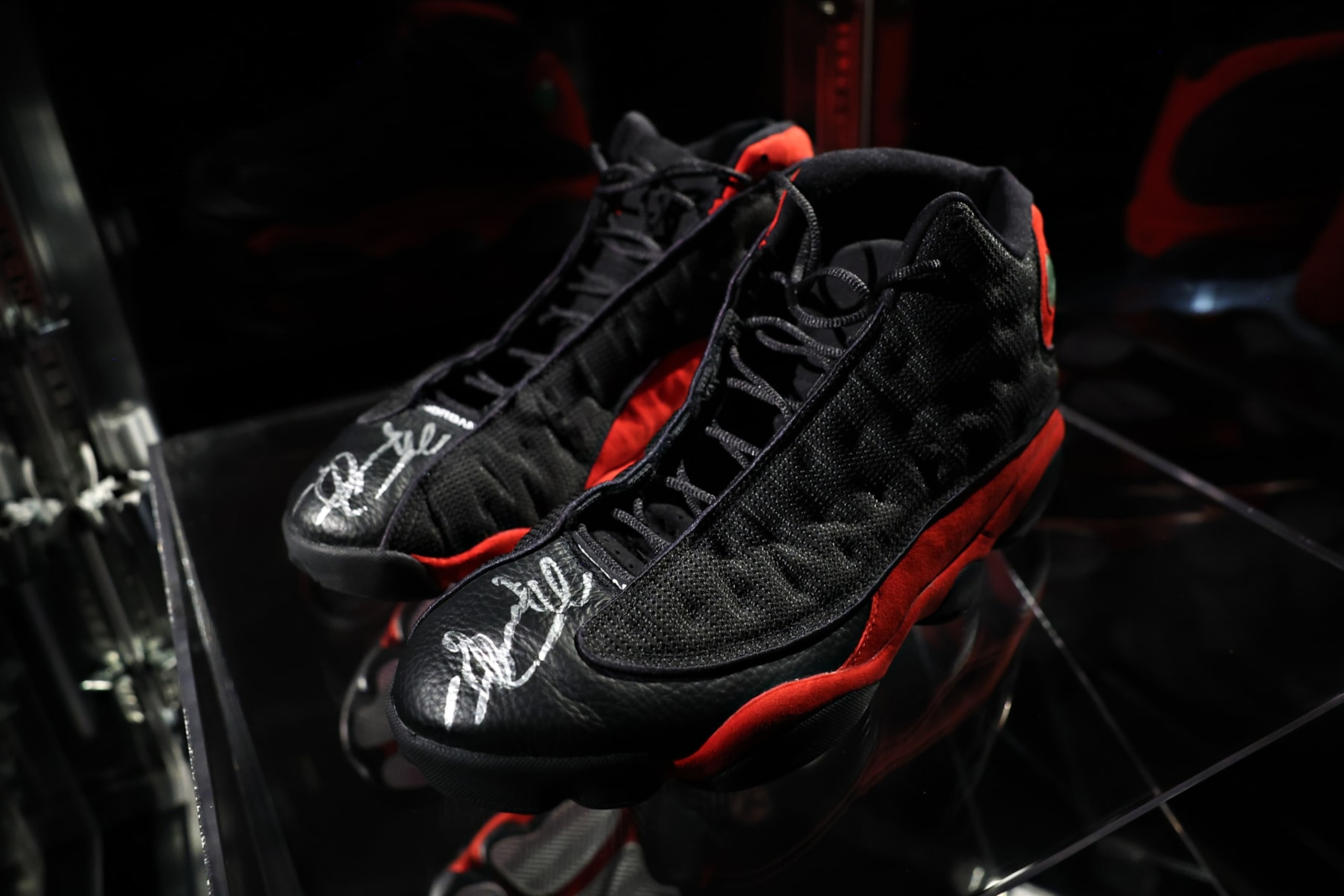NEW YORK, NEW YORK - APRIL 05: Michael Jordan’s 1998 NBA Finals Game 2 Air Jordan XIIIs are on display during VICTORIAM, a special two-part curated collection of sports artifacts on auction at Sotheby's on April 05, 2023 in New York City. (Photo by Cindy Ord/Getty Images)