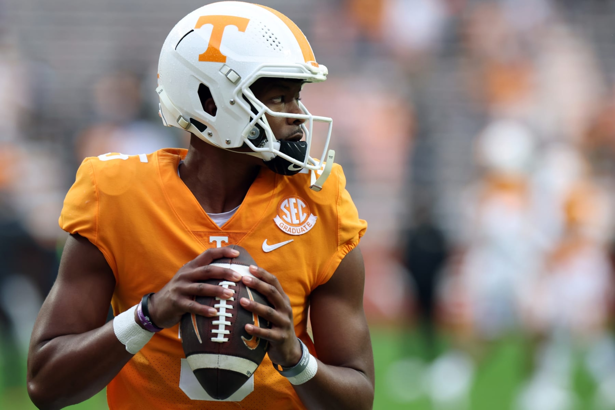 KNOXVILLE, TENNESSEE - NOVEMBER 12: Hendon Hooker #5 of the Tennessee Volunteers before the game against the Missouri Tigers at Neyland Stadium on November 12, 2022 in Knoxville, Tennessee. The Tennessee Volunteers won the game 66-24. (Photo by Donald Page/Getty Images)