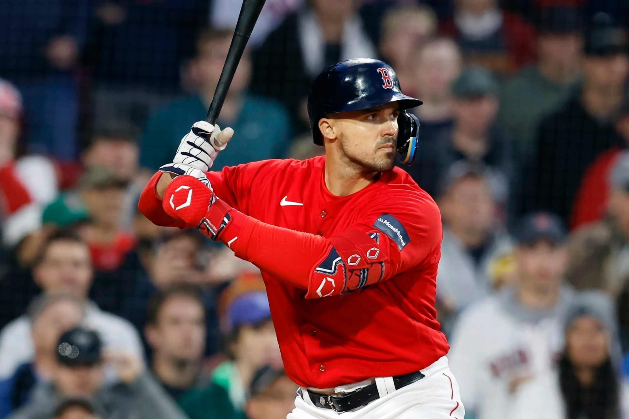 Boston Red Sox's Adam Duvall plays against the Baltimore Orioles during the ninth inning of a baseball game, Saturday, April 1, 2023, in Boston. (AP Photo/Michael Dwyer)