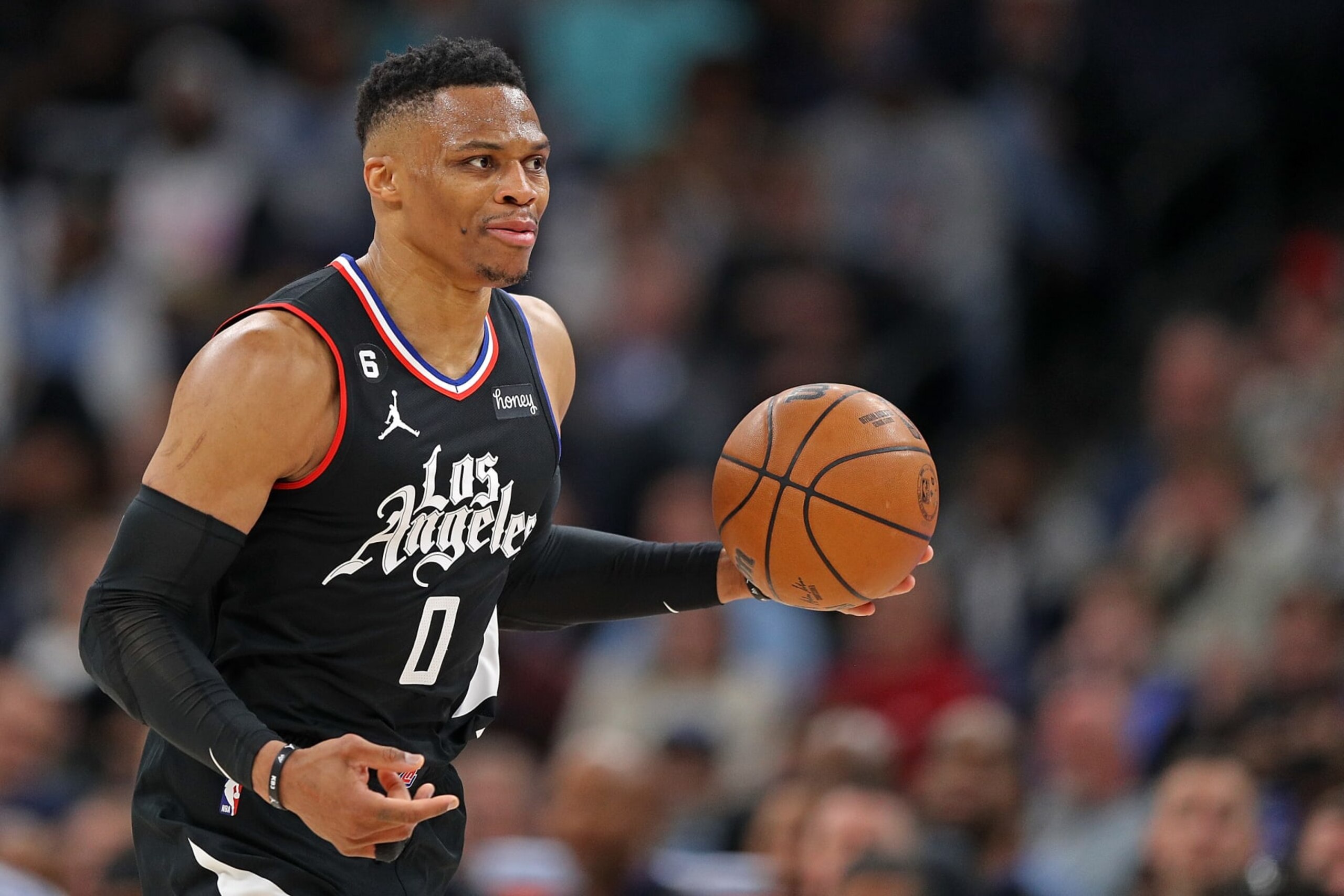 MEMPHIS, TENNESSEE - MARCH 29: Russell Westbrook #0 of the LA Clippers brings the ball up court during the game against the Memphis Grizzlies at FedExForum on March 29, 2023 in Memphis, Tennessee. NOTE TO USER: User expressly acknowledges and agrees that, by downloading and or using this photograph, User is consenting to the terms and conditions of the Getty Images License Agreement. (Photo by Justin Ford/Getty Images)