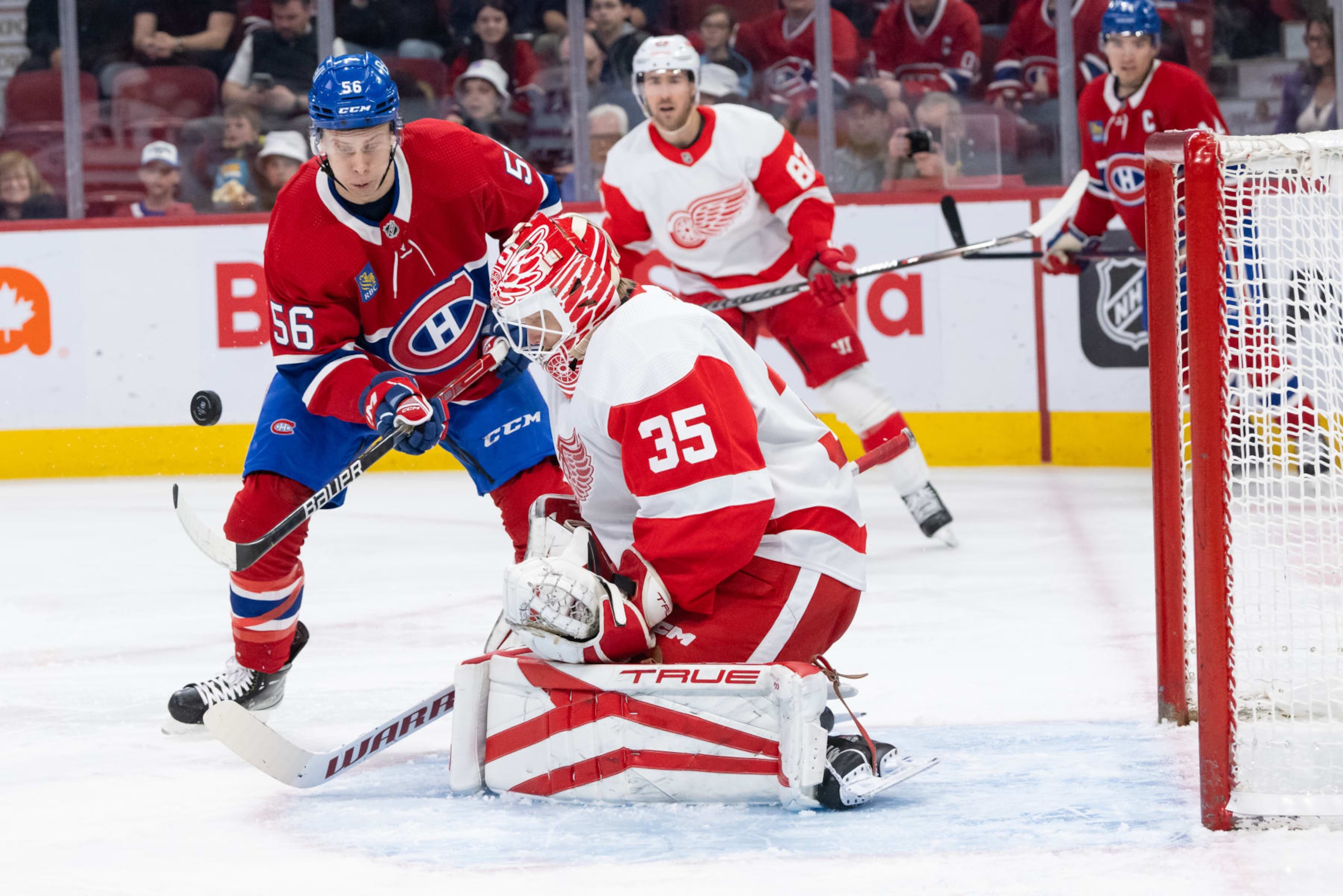 MONTREAL, QC - APRIL 04: Jesse Ylonen (56) of the Montreal Canadiens shoots the puck on Ville Husso (35) of the Detroit Red Wings during the first period of the NHL game between the Detroit Red Wings and the Montreal Canadiens on April 4, 2023, at the Bell Centre in Montreal, QC(Photo by Vincent Ethier/Icon Sportswire via Getty Images)