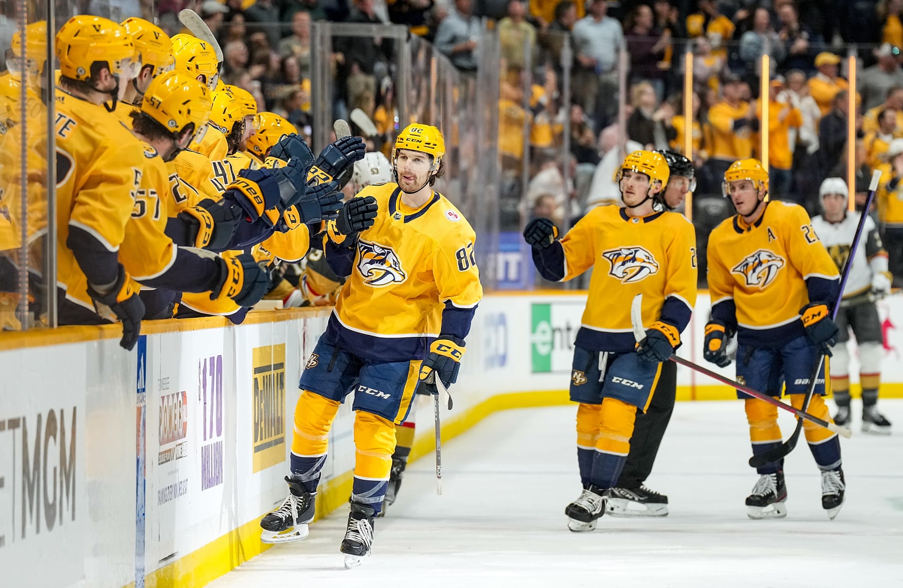 NASHVILLE, TENNESSEE - APRIL 4: Tommy Novak #82 of the Nashville Predators celebrates his goal against the Vegas Golden Knights during an NHL game at Bridgestone Arena on April 4, 2023 in Nashville, Tennessee. (Photo by John Russell/NHLI via Getty Images)