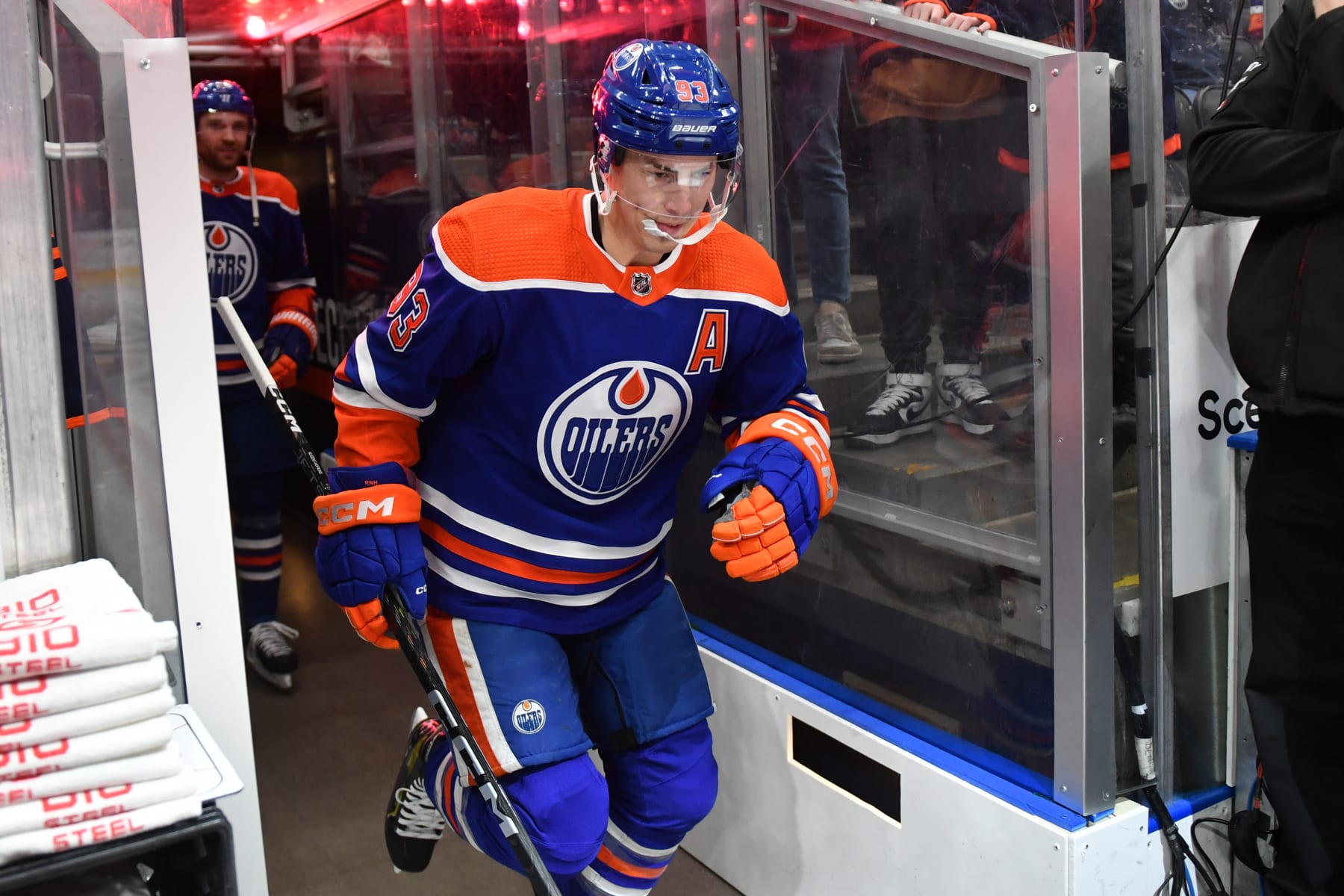 EDMONTON, CANADA - MARCH 30: Ryan Nugent-Hopkins #93 of the Edmonton Oilers steps onto the ice for warm ups before the game against the Los Angeles Kings on March 30, 2023 at Rogers Place in Edmonton, Alberta, Canada. (Photo by Andy Devlin/NHLI via Getty Images)