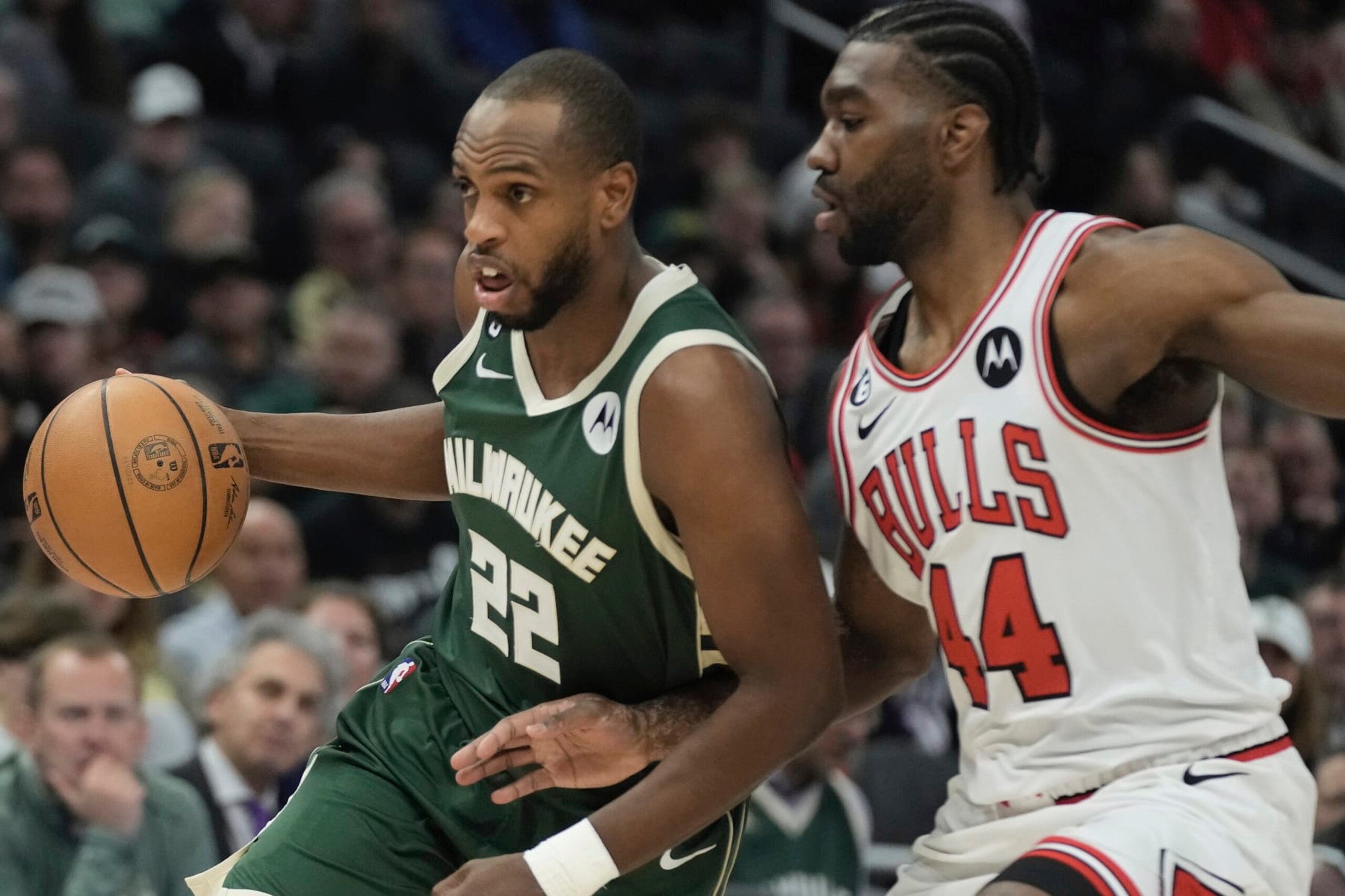 Milwaukee Bucks' Khris Middleton tries to get past Chicago Bulls' Patrick Williams during the first half of an NBA basketball game Wednesday, April 5, 2023, in Milwaukee. (AP Photo/Morry Gash)