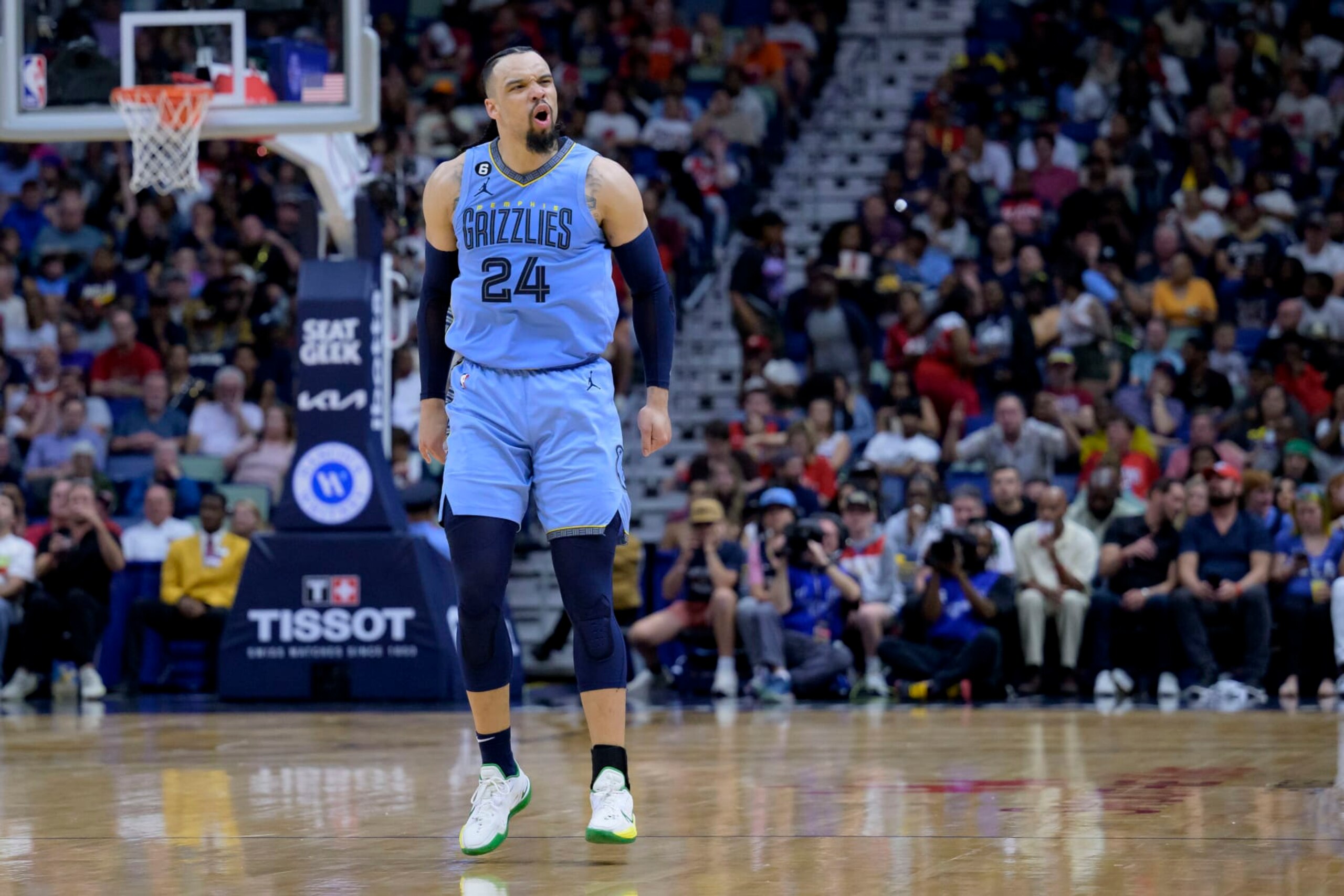 Memphis Grizzlies forward Dillon Brooks (24) reacts after a 3-point basket in the first half of an NBA basketball game against the New Orleans Pelicans in New Orleans, Wednesday, April 5, 2023. (AP Photo/Matthew Hinton) Memphis Grizzlies forward Dillon Brooks (24) reacts after a 3-point basket in the first half of an NBA basketball game against the New Orleans Pelicans in New Orleans, Wednesday, April 5, 2023. (AP Photo/Matthew Hinton)