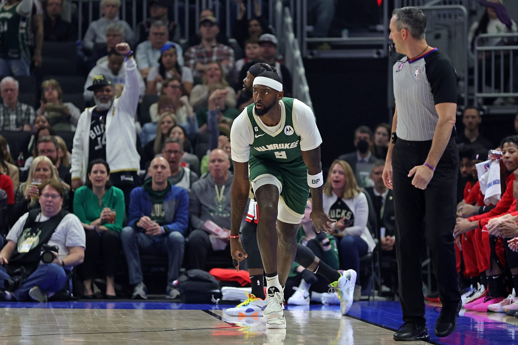 MILWAUKEE, WISCONSIN - APRIL 05: Bobby Portis #9 of the Milwaukee Bucks reacts to a three point shot during the first half of a game against the Chicago Bulls at Fiserv Forum on April 05, 2023 in Milwaukee, Wisconsin. NOTE TO USER: User expressly acknowledges and agrees that, by downloading and or using this photograph, User is consenting to the terms and conditions of the Getty Images License Agreement. (Photo by Stacy Revere/Getty Images)
