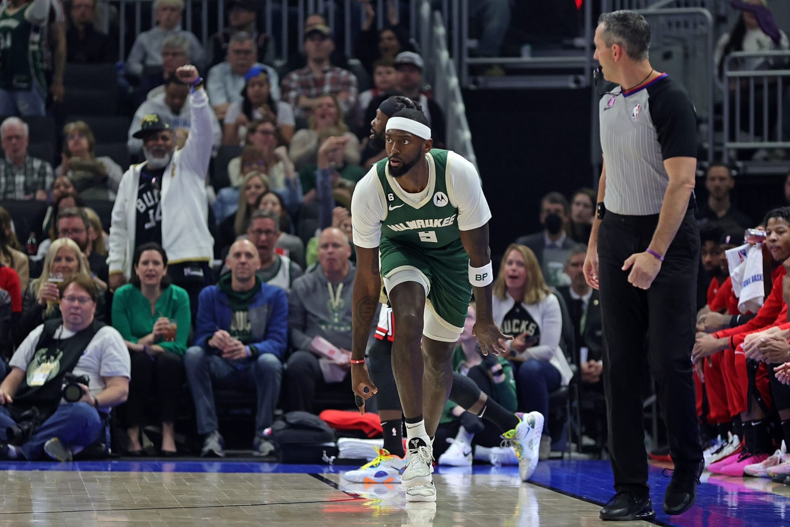 MILWAUKEE, WISCONSIN - APRIL 05: Bobby Portis #9 of the Milwaukee Bucks reacts to a three point shot during the first half of a game against the Chicago Bulls at Fiserv Forum on April 05, 2023 in Milwaukee, Wisconsin. NOTE TO USER: User expressly acknowledges and agrees that, by downloading and or using this photograph, User is consenting to the terms and conditions of the Getty Images License Agreement. (Photo by Stacy Revere/Getty Images)