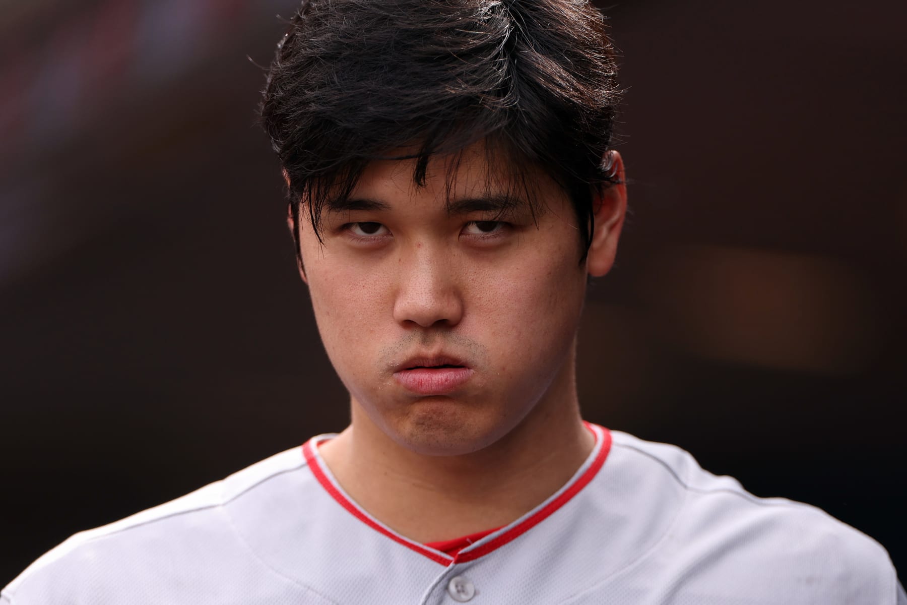 SEATTLE, WASHINGTON - APRIL 05: Shohei Ohtani #17 of the Los Angeles Angels looks on during the eighth inning against the Seattle Mariners at T-Mobile Park on April 05, 2023 in Seattle, Washington. (Photo by Steph Chambers/Getty Images)