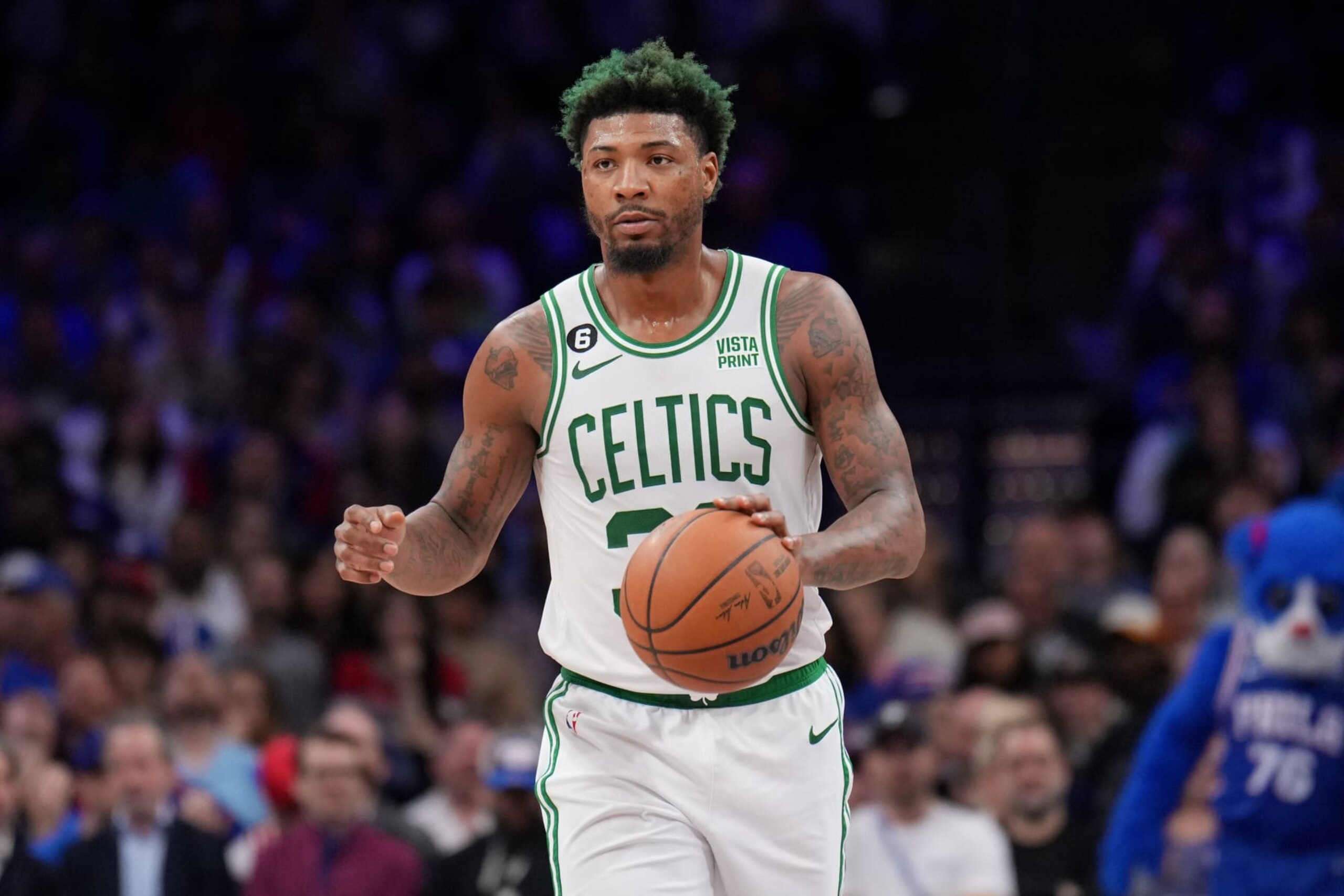 PHILADELPHIA, PA - APRIL 4: Marcus Smart #36 of the Boston Celtics dribbles the ball during the game against the Philadelphia 76ers on April 4, 2023 at the Wells Fargo Center in Philadelphia, Pennsylvania NOTE TO USER: User expressly acknowledges and agrees that, by downloading and/or using this Photograph, user is consenting to the terms and conditions of the Getty Images License Agreement. Mandatory Copyright Notice: Copyright 2023 NBAE (Photo by Jesse D. Garrabrant/NBAE via Getty Images) PHILADELPHIA, PA - APRIL 4: Marcus Smart #36 of the Boston Celtics dribbles the ball during the game against the Philadelphia 76ers on April 4, 2023 at the Wells Fargo Center in Philadelphia, Pennsylvania NOTE TO USER: User expressly acknowledges and agrees that, by downloading and/or using this Photograph, user is consenting to the terms and conditions of the Getty Images License Agreement. Mandatory Copyright Notice: Copyright 2023 NBAE (Photo by Jesse D. Garrabrant/NBAE via Getty Images)