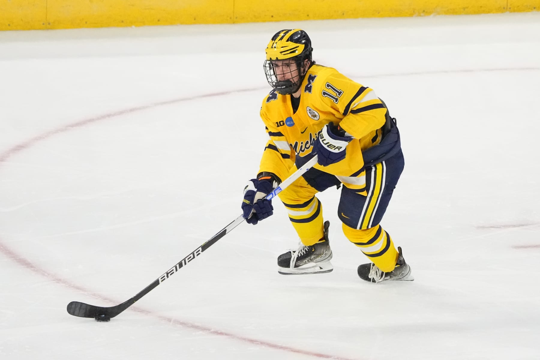 ALLENTOWN, PA - MARCH 26: Michigan Wolverines Forward Mackie Samoskevich (11) skates with the puck during the second period of the 2023 NCAA Division I Mens Ice Hockey Regional Final between the Penn State Nittany Lions and the Michigan Wolverines on March 26, 2023, at the PPL Center in Allentown, PA. (Photo by Gregory Fisher/Icon Sportswire via Getty Images)