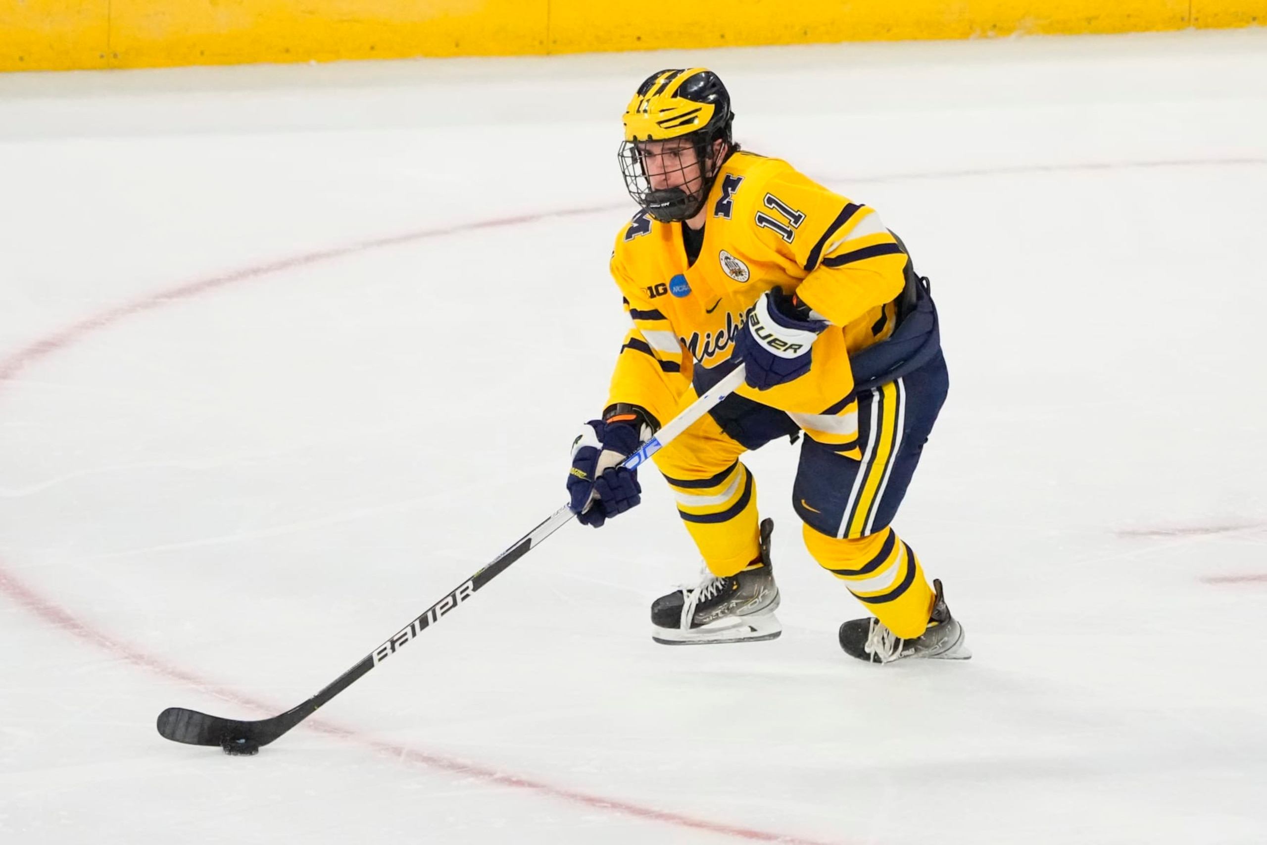 ALLENTOWN, PA - MARCH 26: Michigan Wolverines Forward Mackie Samoskevich (11) skates with the puck during the second period of the 2023 NCAA Division I Mens Ice Hockey Regional Final between the Penn State Nittany Lions and the Michigan Wolverines on March 26, 2023, at the PPL Center in Allentown, PA. (Photo by Gregory Fisher/Icon Sportswire via Getty Images)