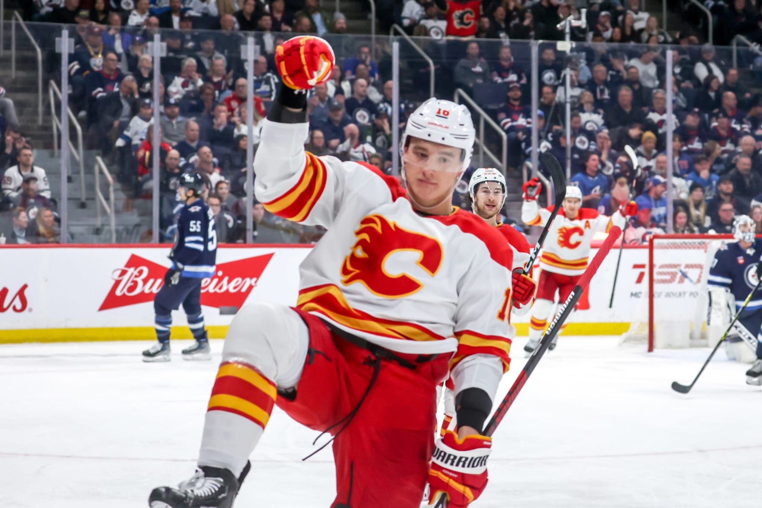 WINNIPEG, CANADA - APRIL 5: Nikita Zadorov #16 of the Calgary Flames celebrates after scoring a third period goal against the Winnipeg Jets at the Canada Life Centre on April 5, 2023 in Winnipeg, Manitoba, Canada. (Photo by Jonathan Kozub/NHLI via Getty Images) WINNIPEG, CANADA - APRIL 5: Nikita Zadorov #16 of the Calgary Flames celebrates after scoring a third period goal against the Winnipeg Jets at the Canada Life Centre on April 5, 2023 in Winnipeg, Manitoba, Canada. (Photo by Jonathan Kozub/NHLI via Getty Images)