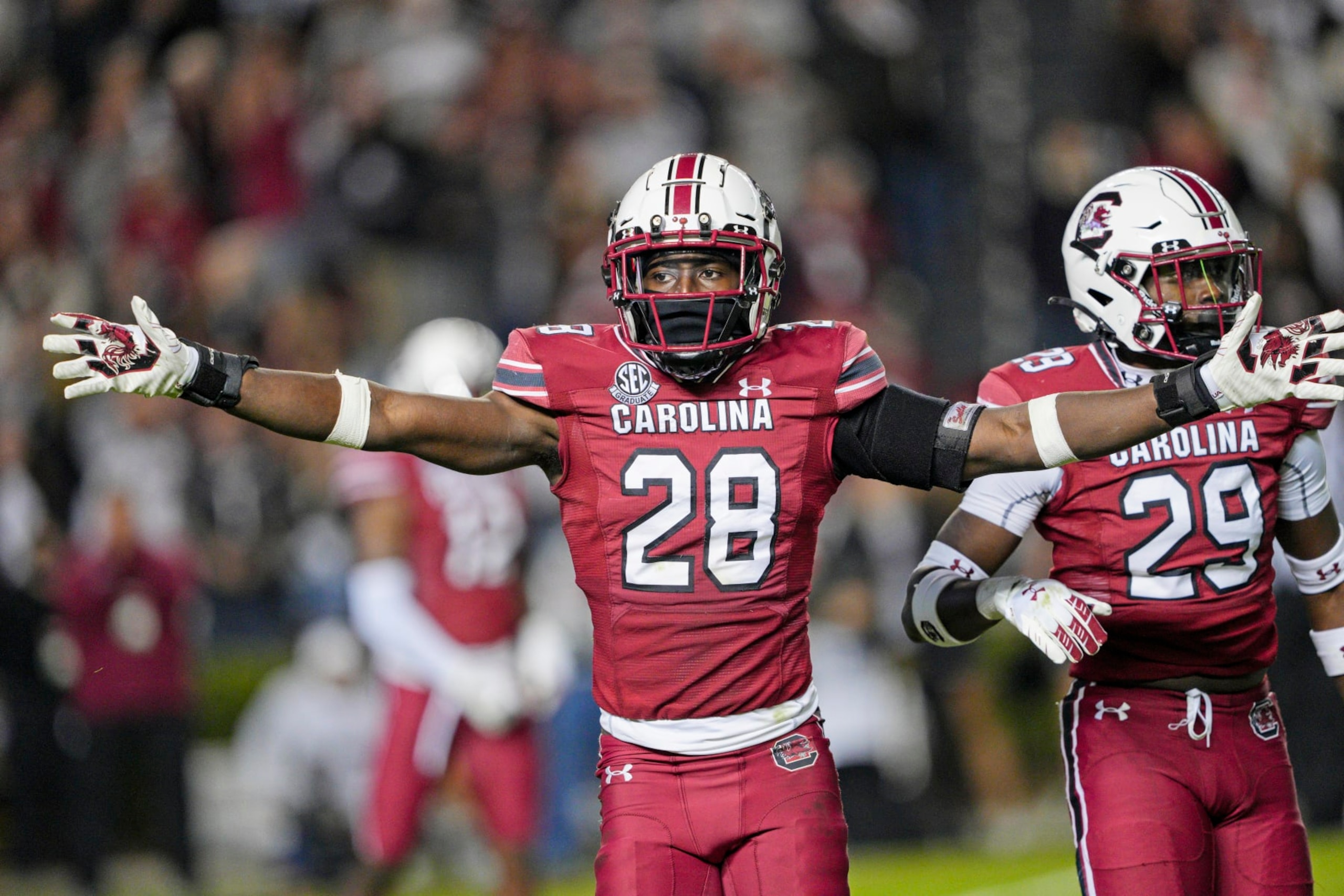 COLUMBIA, SC - NOVEMBER 20: South Carolina Gamecocks defensive back Darius Rush (28) waves to the fans during the game between the Auburn Tigers and the South Carolina Gamecocks on November 20, 2021 at Williams-Brice Stadium in Columbia, SC.(Photo by Andy Lewis/Icon Sportswire via Getty Images)
