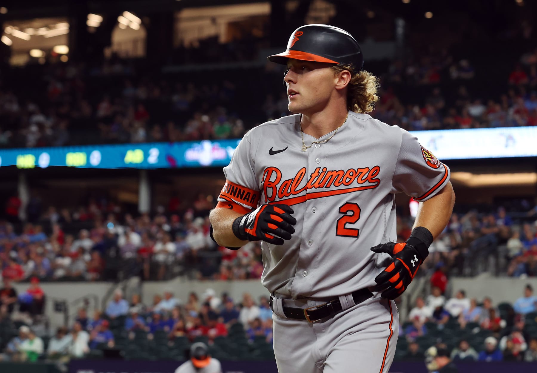 ARLINGTON, TEXAS - APRIL 03: Gunnar Henderson #2 of the Baltimore Orioles trots back to the dugout after a home run against the Texas Rangers in the fourth inninh at Globe Life Field on April 03, 2023 in Arlington, Texas. (Photo by Richard Rodriguez/Getty Images)