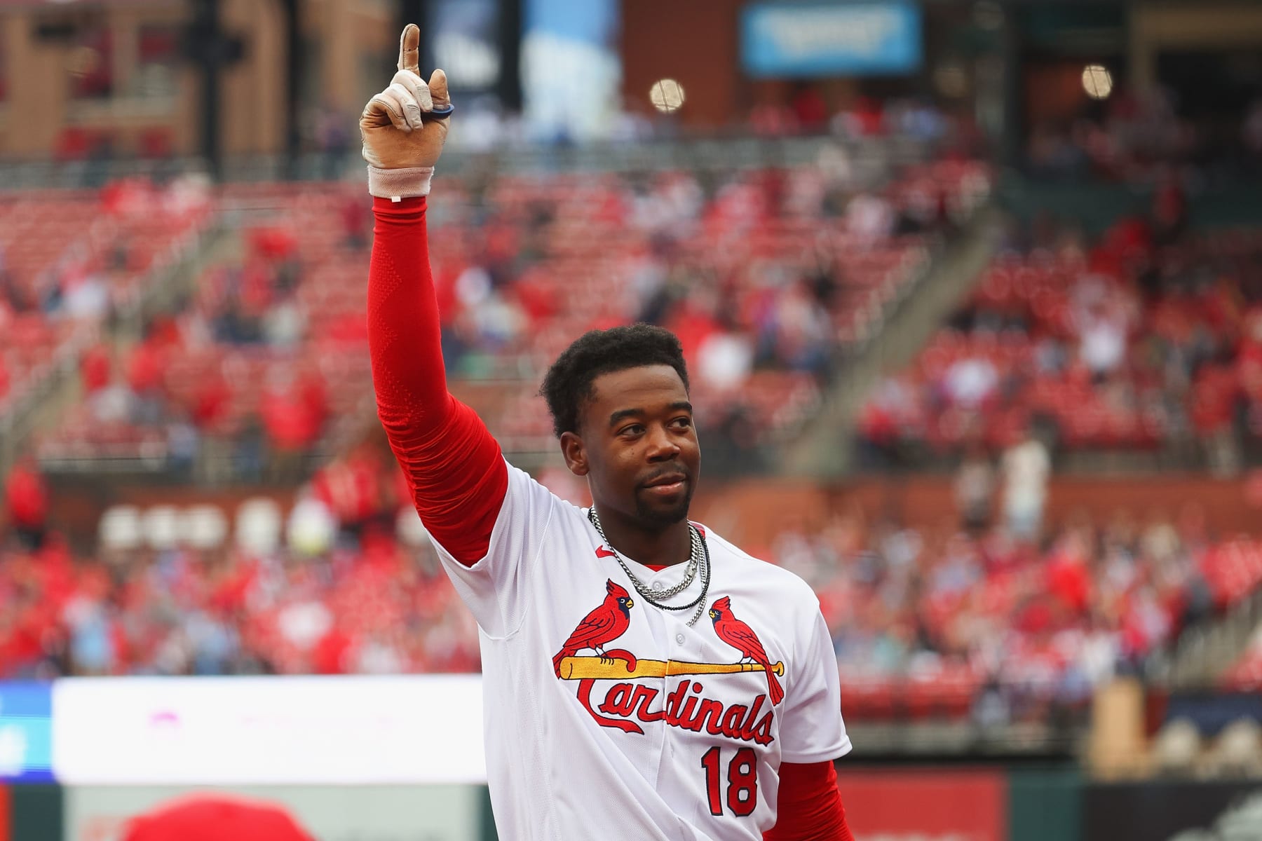 ST LOUIS, MO - APRIL 05: Jordan Walker #18 of the St. Louis Cardinals takes a curtain call after hitting his first MLB career home run while playing against the Atlanta Braves in the seventh inning at Busch Stadium on April 5, 2023 in St Louis, Missouri. (Photo by Dilip Vishwanat/Getty Images)