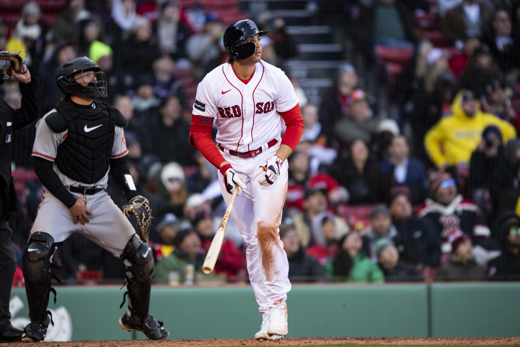 BOSTON, MA - MARCH 30: Triston Casas #36 of the Boston Red Sox hits a sacrifice fly during the eighth inning of the 2023 Opening Day Game game against the Baltimore Orioles on March 30, 2023 at Fenway Park in Boston, Massachusetts. (Photo by Billie Weiss/Boston Red Sox/Getty Images)