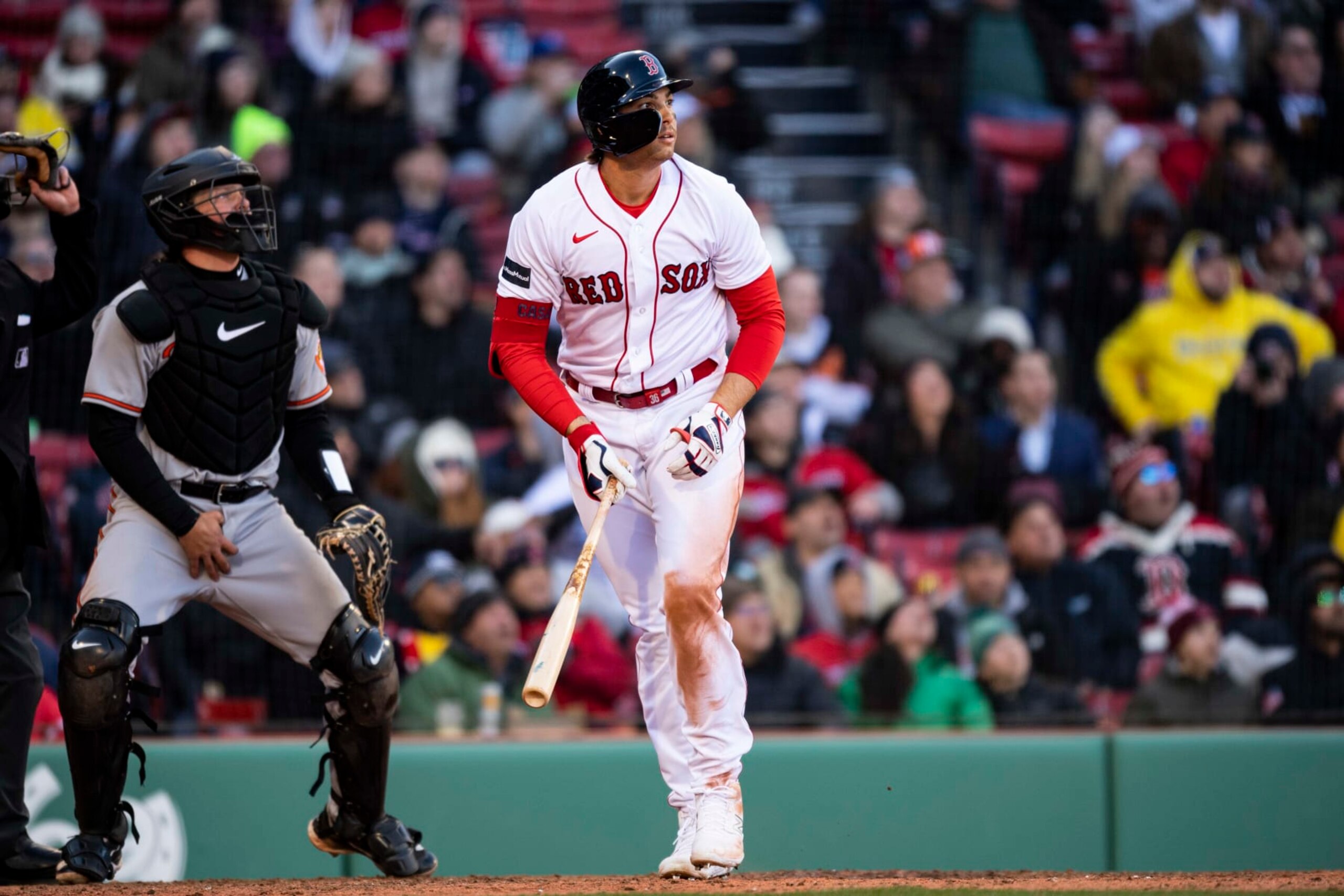 BOSTON, MA - MARCH 30: Triston Casas #36 of the Boston Red Sox hits a sacrifice fly during the eighth inning of the 2023 Opening Day Game game against the Baltimore Orioles on March 30, 2023 at Fenway Park in Boston, Massachusetts. (Photo by Billie Weiss/Boston Red Sox/Getty Images)