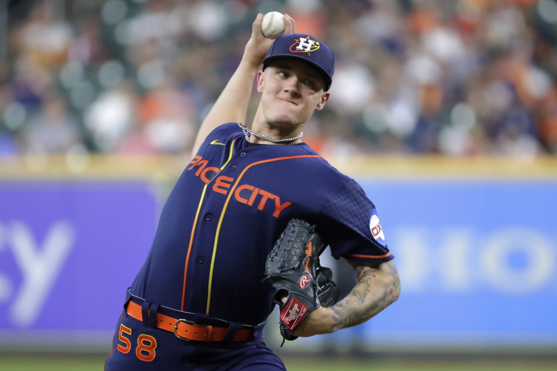 Houston Astros starting pitcher Hunter Brown throws against the Detroit Tigers during the first inning of a baseball game, Monday, April 3, 2023, in Houston. (AP Photo/Michael Wyke)
