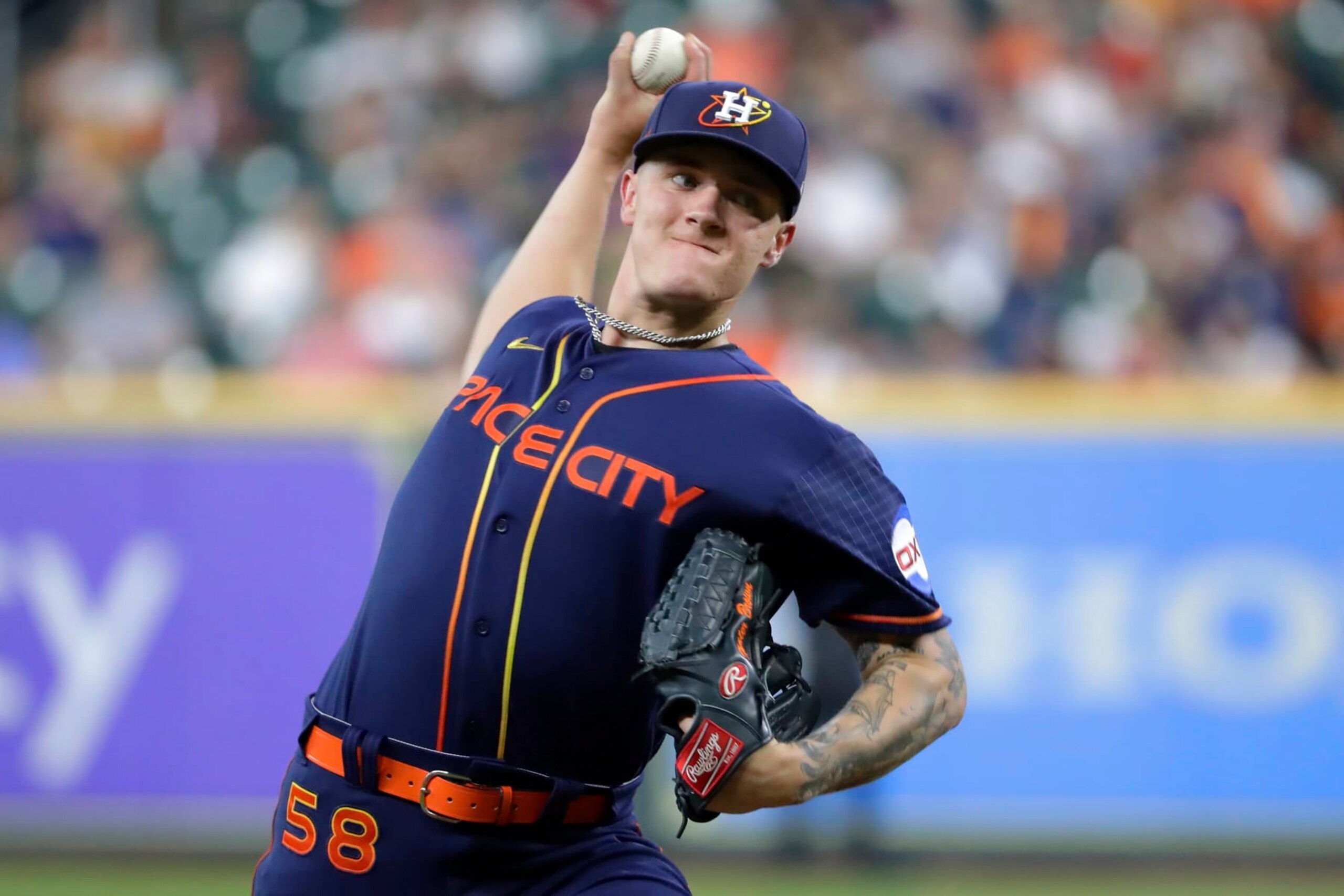 Houston Astros starting pitcher Hunter Brown throws against the Detroit Tigers during the first inning of a baseball game, Monday, April 3, 2023, in Houston. (AP Photo/Michael Wyke)