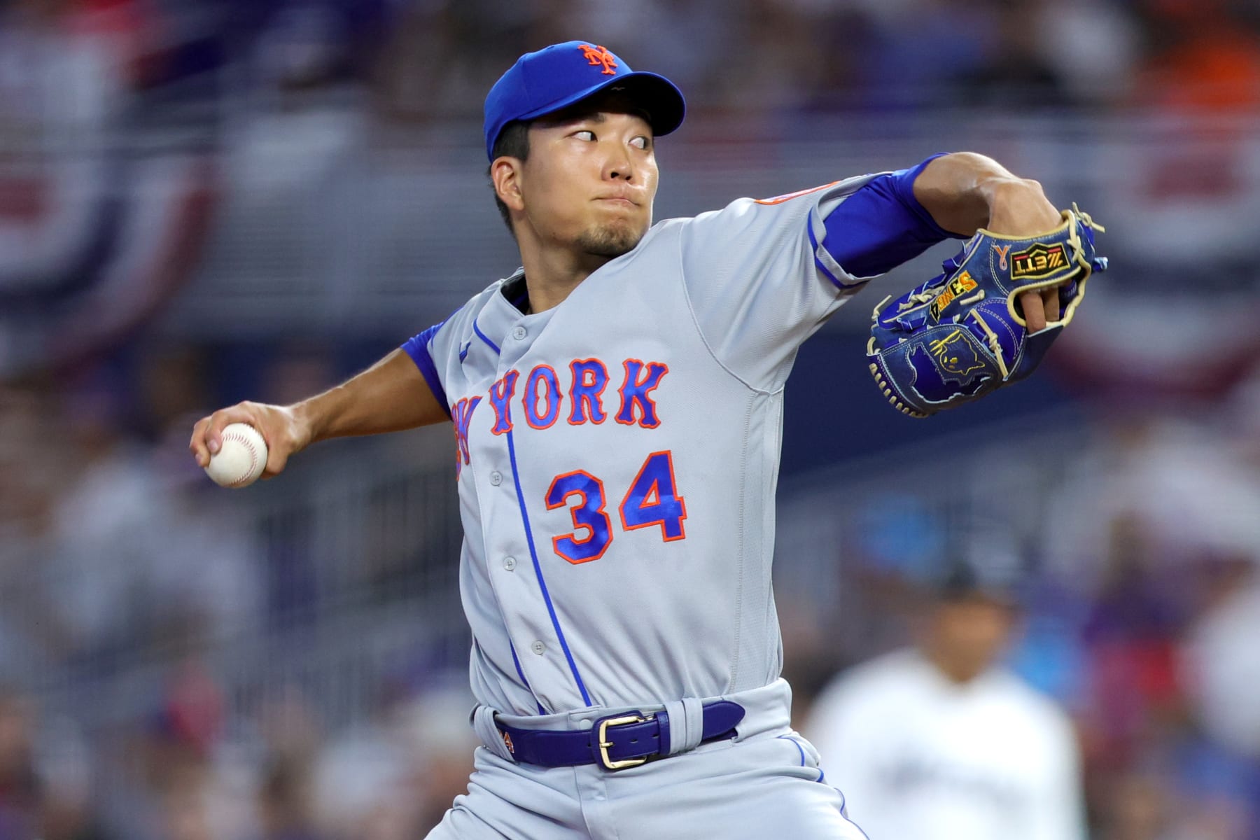 MIAMI, FLORIDA - APRIL 02: Kodai Senga #34 of the New York Mets delivers a pitch against the Miami Marlins during the first inning of the game at loanDepot park on April 02, 2023 in Miami, Florida. (Photo by Megan Briggs/Getty Images)