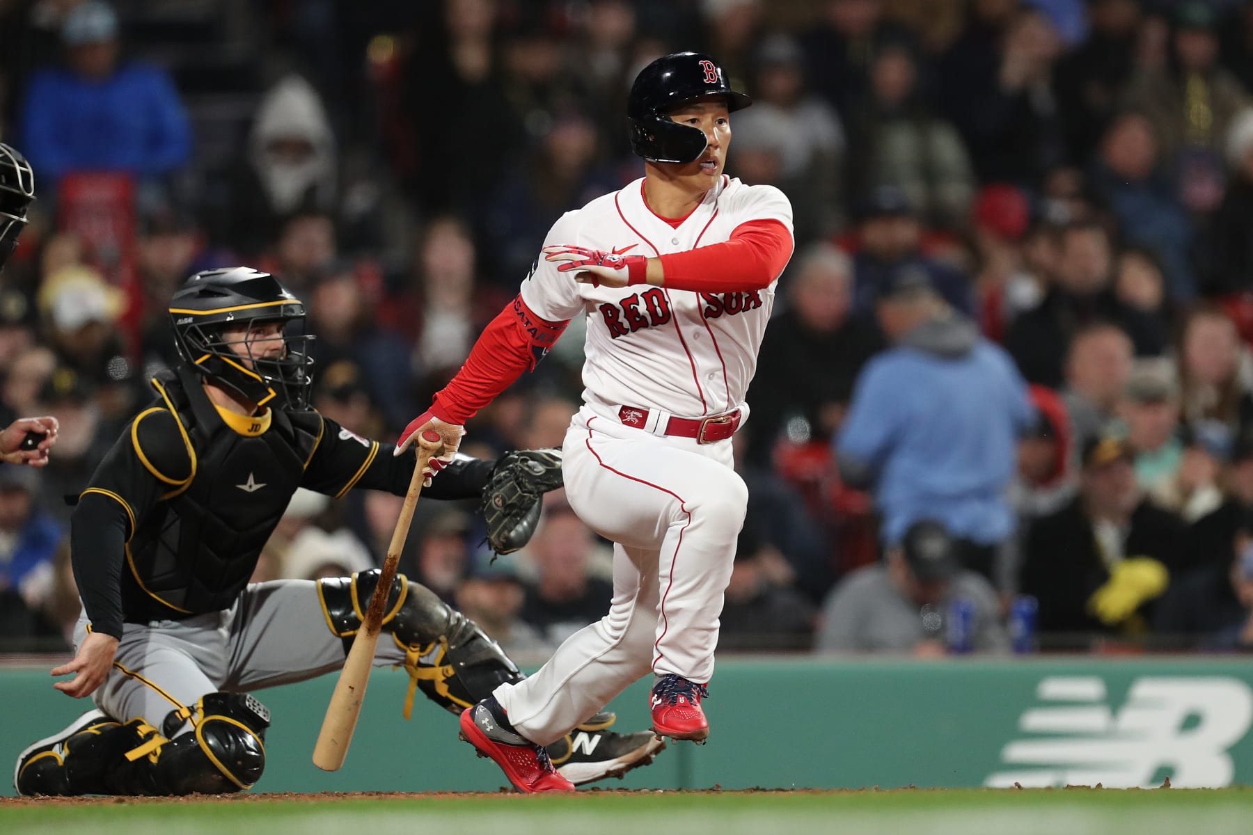 BOSTON, MASSACHUSETTS - APRIL 03: Masataka Yoshida #7 of the Boston Red Sox at bat during the fifth inning against the Pittsburgh Pirates at Fenway Park on April 03, 2023 in Boston, Massachusetts. (Photo by Paul Rutherford/Getty Images)
