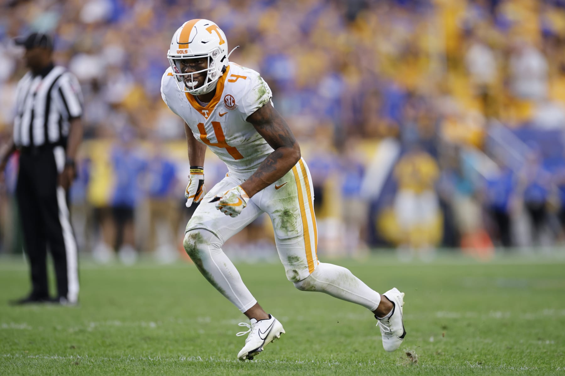 PITTSBURGH, PA - SEPTEMBER 10: Tennessee Volunteers wide receiver Cedric Tillman (4) runs during a college football game against the Pittsburgh Panthers on September 10, 2022 at Acrisure Stadium in Pittsburgh, Pennsylvania. (Photo by Joe Robbins/Icon Sportswire via Getty Images)