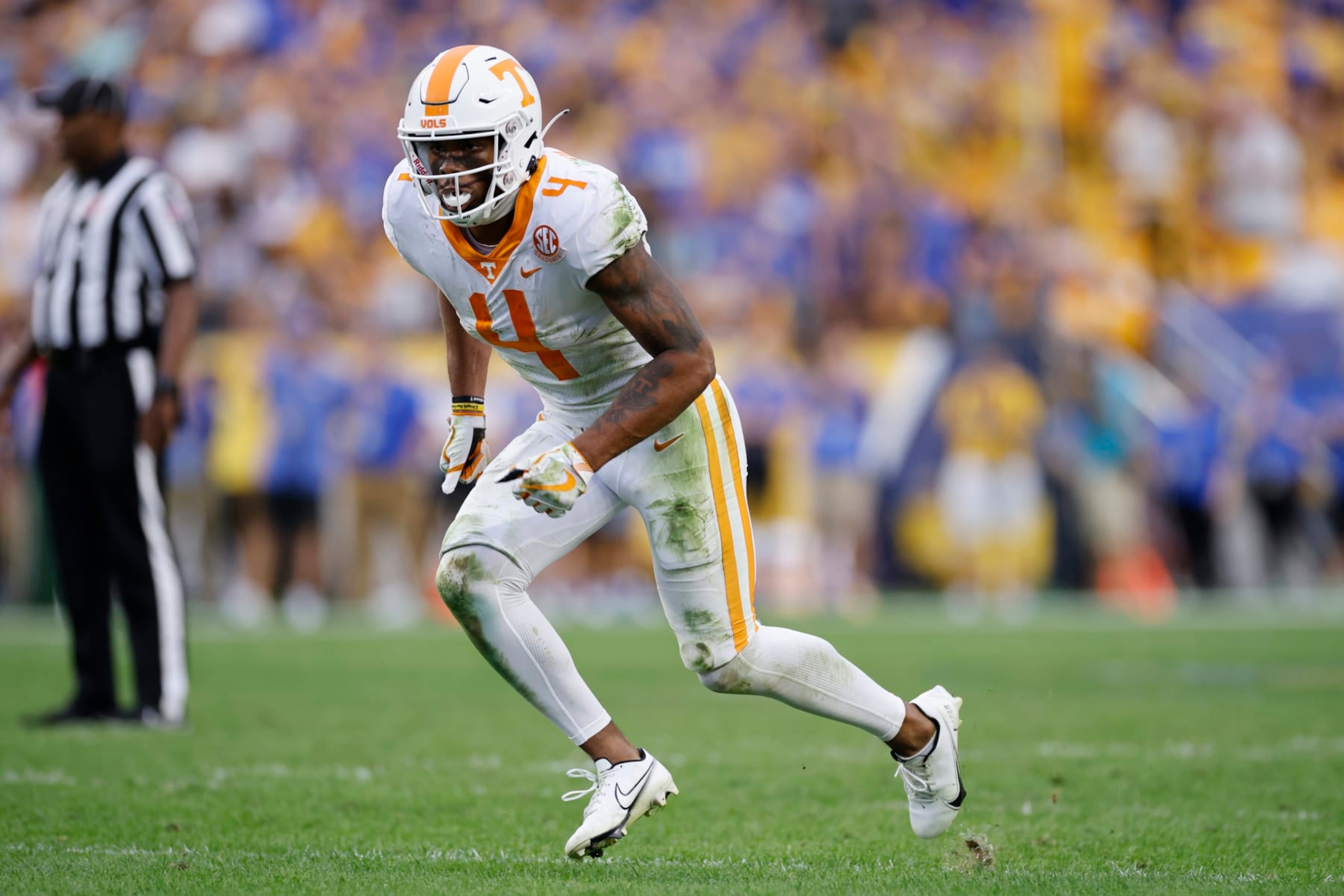 PITTSBURGH, PA - SEPTEMBER 10: Tennessee Volunteers wide receiver Cedric Tillman (4) runs during a college football game against the Pittsburgh Panthers on September 10, 2022 at Acrisure Stadium in Pittsburgh, Pennsylvania. (Photo by Joe Robbins/Icon Sportswire via Getty Images)