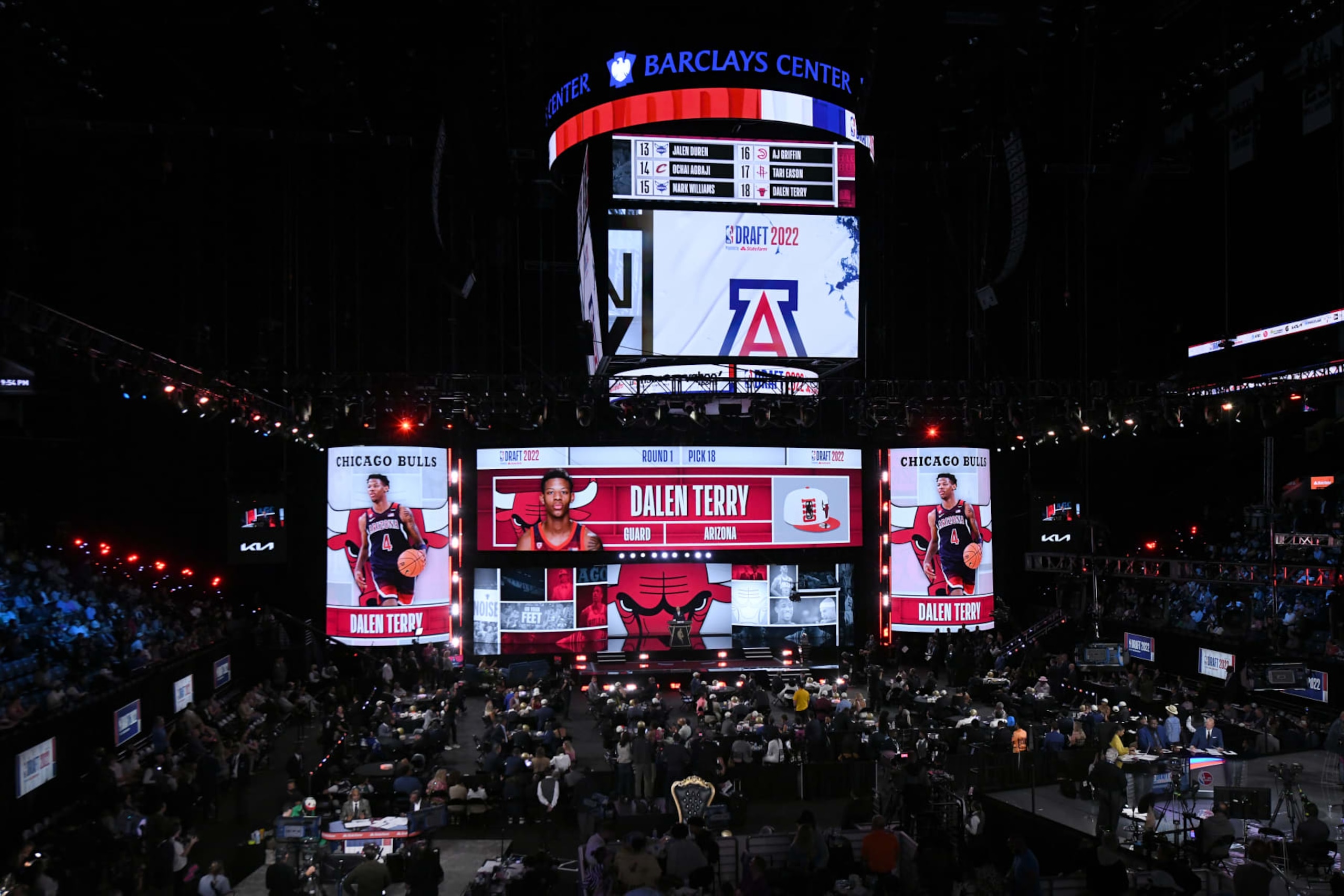 BROOKLYN, NY - JUNE 23: Dalen Terry is drafted by the Chicago Bulls during the 2022 NBA Draft on June 23, 2022 at Barclays Center in Brooklyn, New York. NOTE TO USER: User expressly acknowledges and agrees that, by downloading and or using this photograph, User is consenting to the terms and conditions of the Getty Images License Agreement. Mandatory Copyright Notice: Copyright 2022 NBAE (Photo by Kostas Lymperopoulos/NBAE via Getty Images) BROOKLYN, NY - JUNE 23: Dalen Terry is drafted by the Chicago Bulls during the 2022 NBA Draft on June 23, 2022 at Barclays Center in Brooklyn, New York. NOTE TO USER: User expressly acknowledges and agrees that, by downloading and or using this photograph, User is consenting to the terms and conditions of the Getty Images License Agreement. Mandatory Copyright Notice: Copyright 2022 NBAE (Photo by Kostas Lymperopoulos/NBAE via Getty Images)