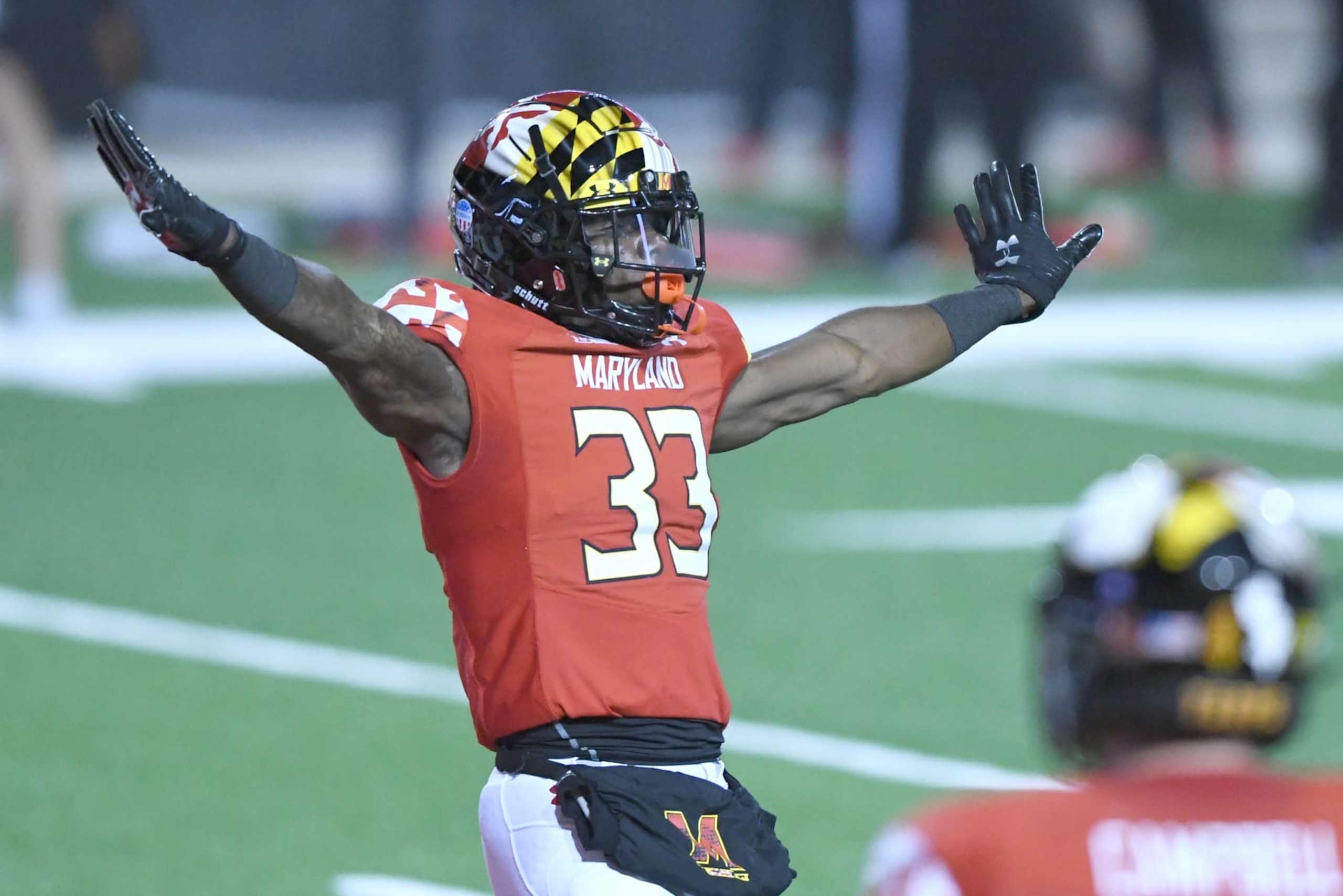 COLLEGE PARK, MD - OCTOBER 30:  Deonta Banks #33 of the Maryland Terrapins celebrates a play during a college football game against the Minnesota Golden Gophers on October 30, 2020 at Capital One Field at Maryland Stadium in College Park, Maryland.  (Photo by Mitchell Layton/Getty Images)