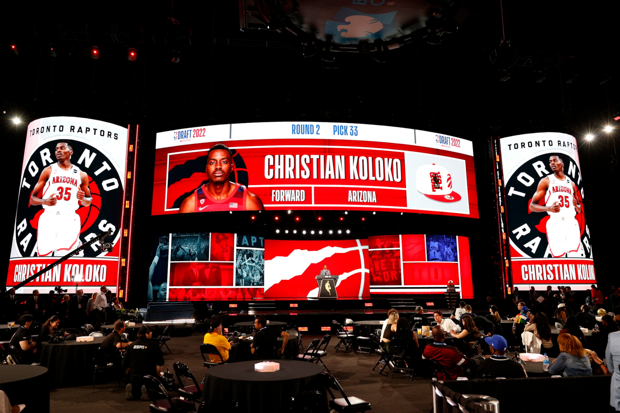 NEW YORK, NEW YORK - JUNE 23: A general view as Deputy commissioner Mark Tatum announces Christian Koloko as the 33rd pick by the Toronto Raptors during the 2022 NBA Draft at Barclays Center on June 23, 2022 in New York City. NOTE TO USER: User expressly acknowledges and agrees that, by downloading and or using this photograph, User is consenting to the terms and conditions of the Getty Images License Agreement. (Photo by Sarah Stier/Getty Images)
