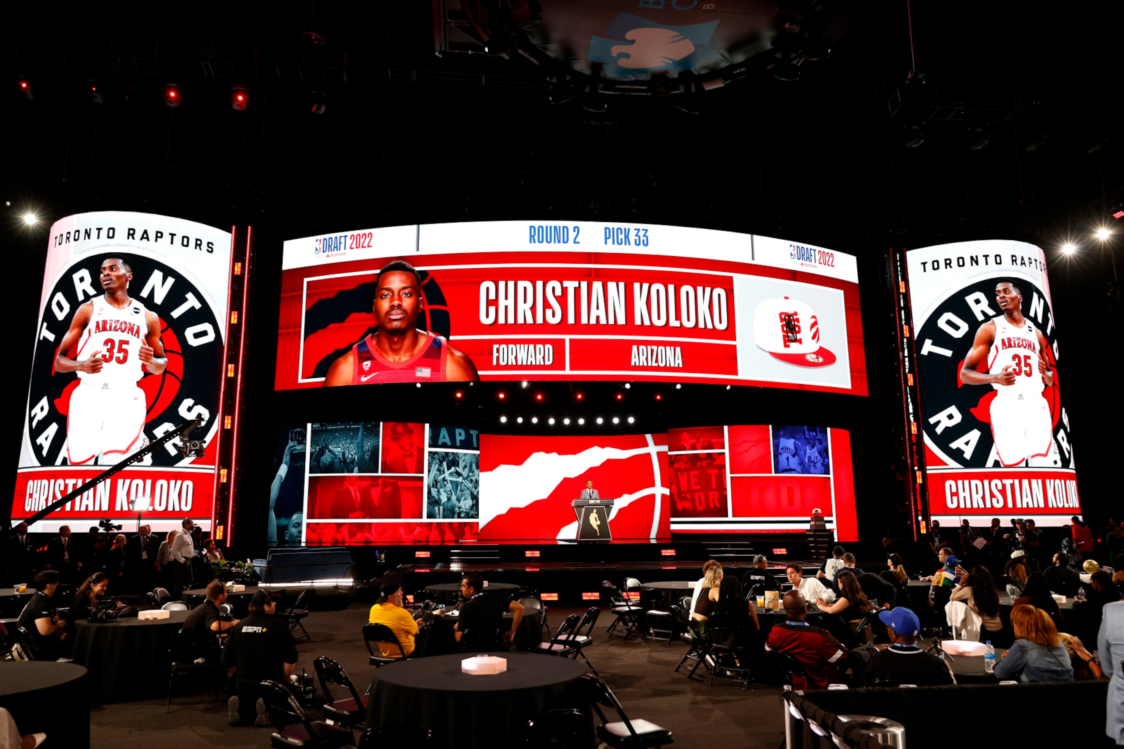 NEW YORK, NEW YORK - JUNE 23: A general view as Deputy commissioner Mark Tatum announces Christian Koloko as the 33rd pick by the Toronto Raptors during the 2022 NBA Draft at Barclays Center on June 23, 2022 in New York City. NOTE TO USER: User expressly acknowledges and agrees that, by downloading and or using this photograph, User is consenting to the terms and conditions of the Getty Images License Agreement. (Photo by Sarah Stier/Getty Images)